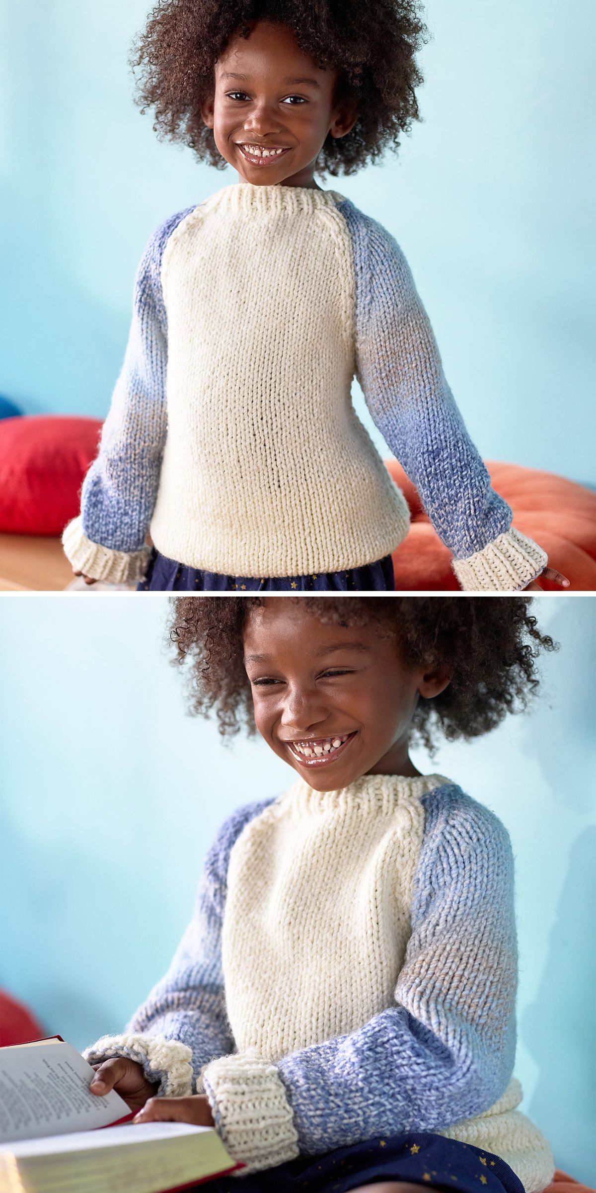 A smiling child with curly hair wears a knit baby sweater featuring a cream body and blue sleeves, posing in two different settings — one standing and one sitting with a book.