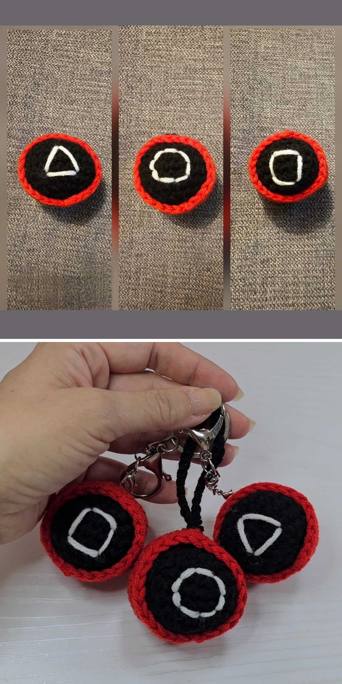 Three crochet keychains featuring red, black, and white shapes—triangle, circle, and square—are inspired by Squid Game and shown both individually and together in a hand.