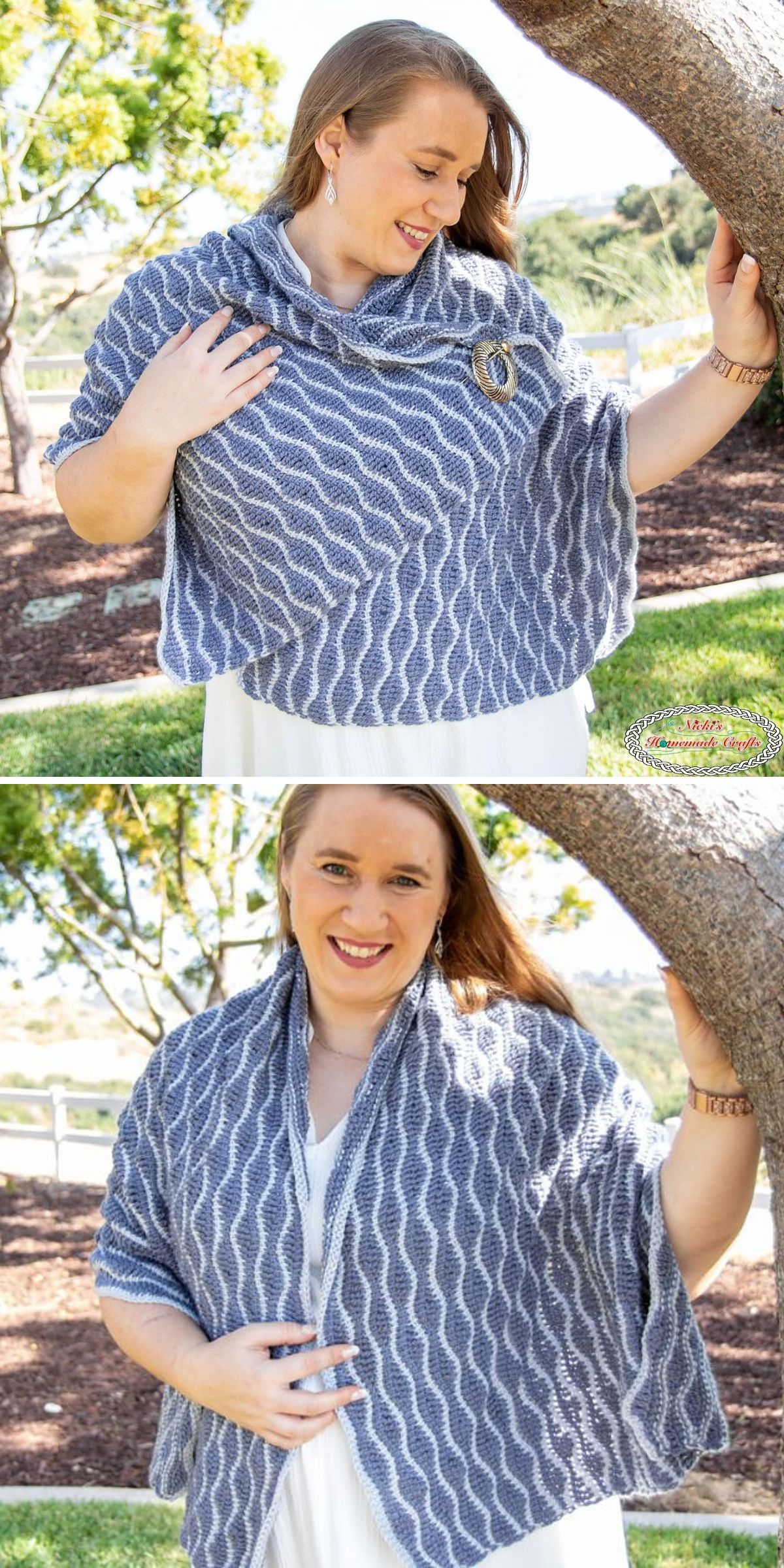 A woman outdoors models a blue and white wavy-patterned crochet shawl, styled in two ways over a white dress, evoking the versatility of a crochet wrap.