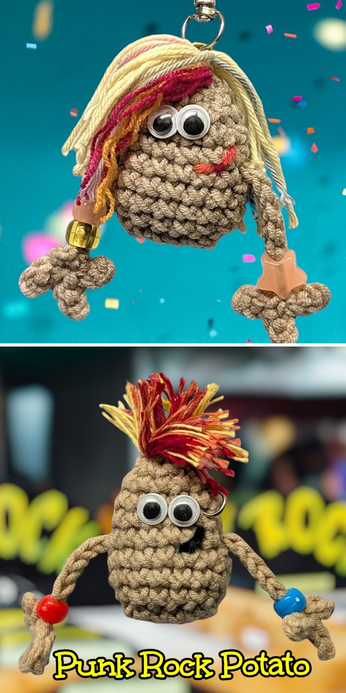 Two handcrafted crochet keychain potato-shaped figures with googly eyes and yarn hair, one flaunting a punk style, set against colorful backgrounds. Text "Punk Rock Potato" appears at the bottom.
