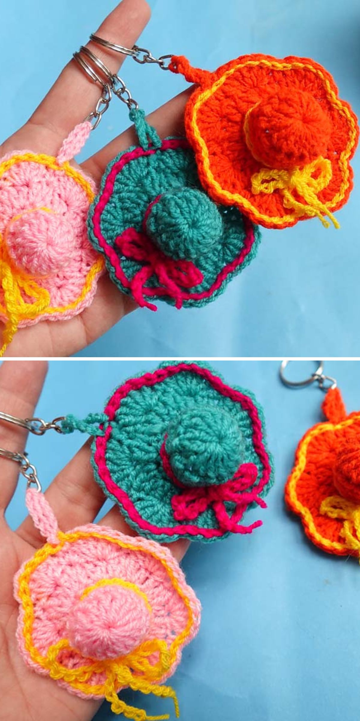 Hand holding crochet keychain sombreros in pink, teal, and orange—each small and colorful, decorated with contrasting yarn accents.