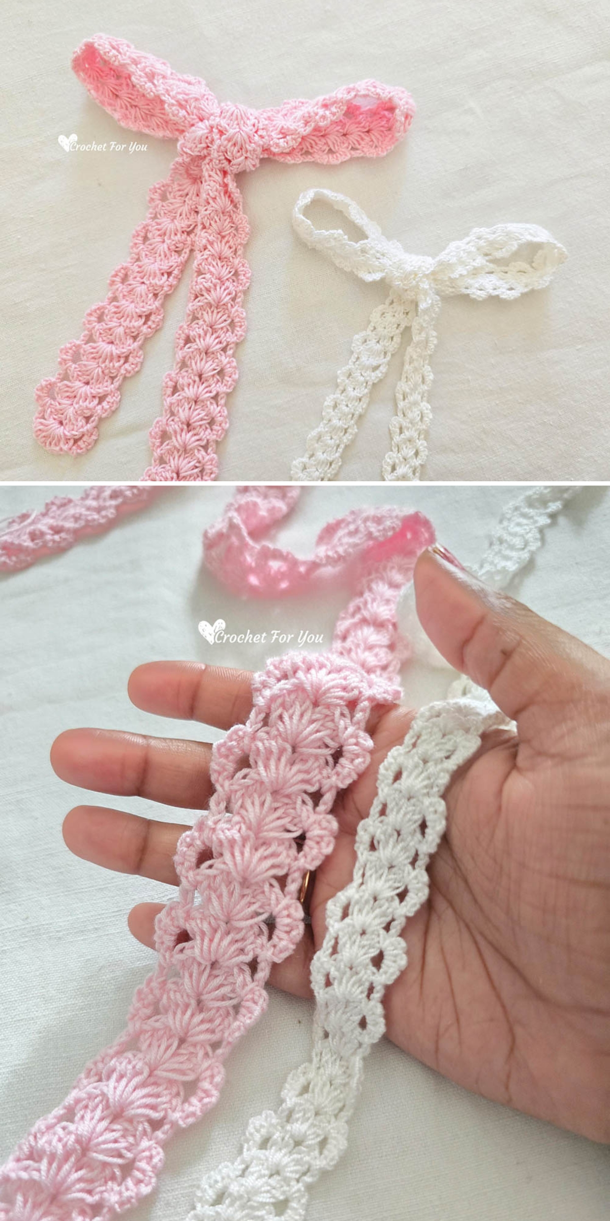 Two crochet lace bows, one pink and one white, are displayed on fabric in the first image. The second image shows a hand holding both crochet bows for a closer view of the delicate detail.