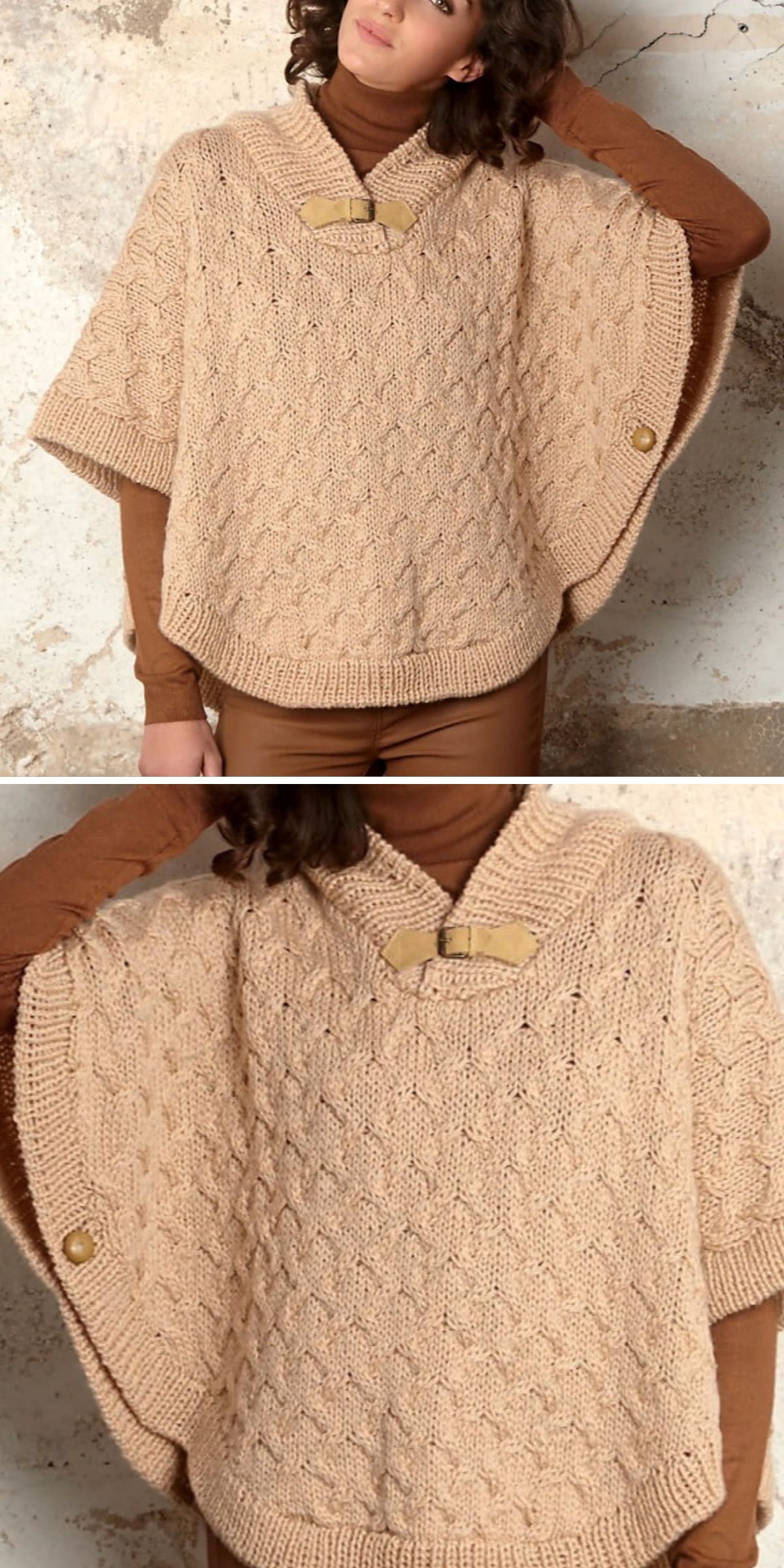 A woman wears a beige knitted poncho with a front toggle closure, layered over a brown turtleneck and pants. This stylish look highlights the versatility of knitted ponchos, shown from both the front and back.