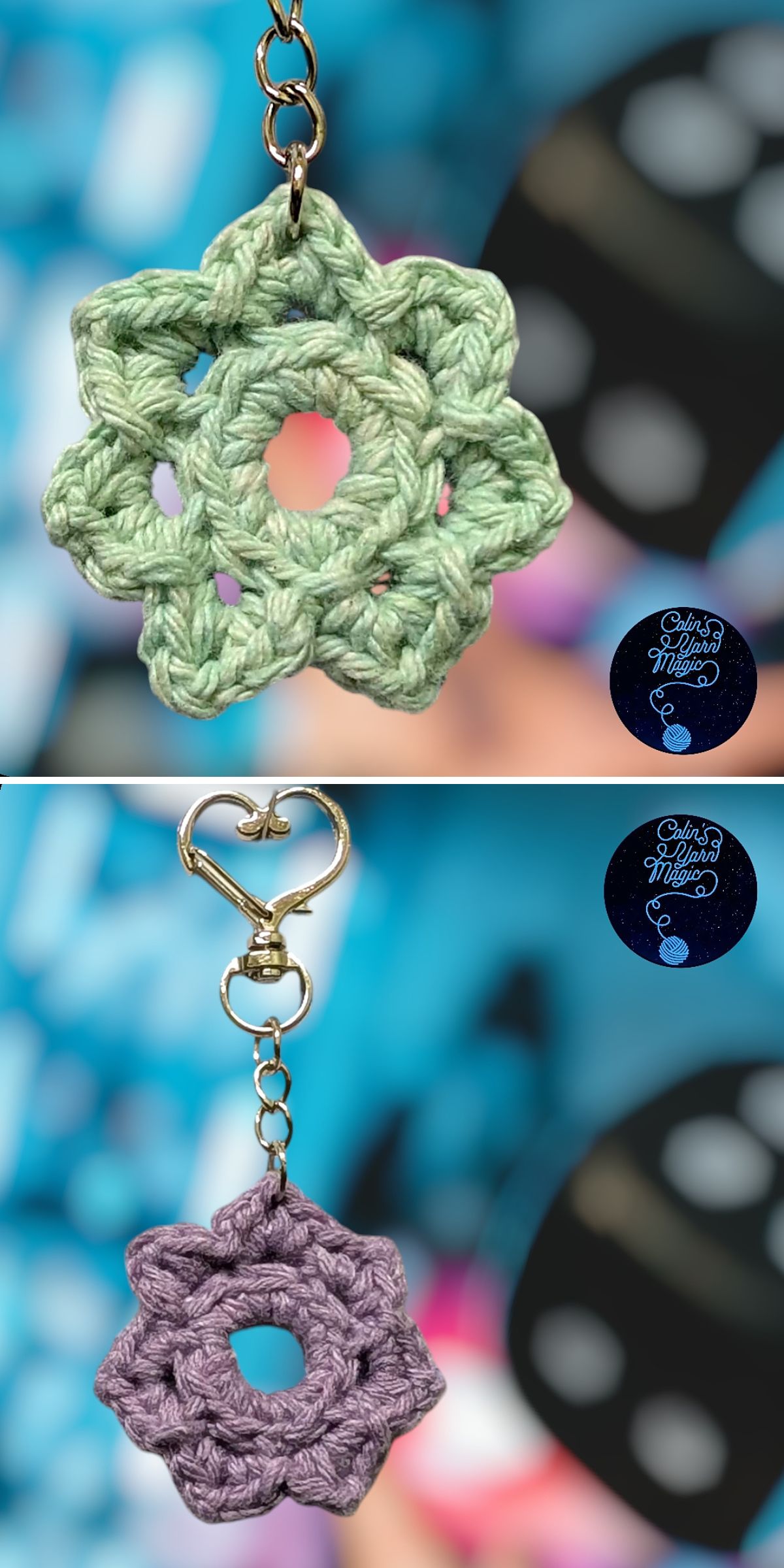 Two crochet keychain flower charms, one green and one purple, each with a metal clasp, are displayed against a blurred background featuring a blue circular logo.