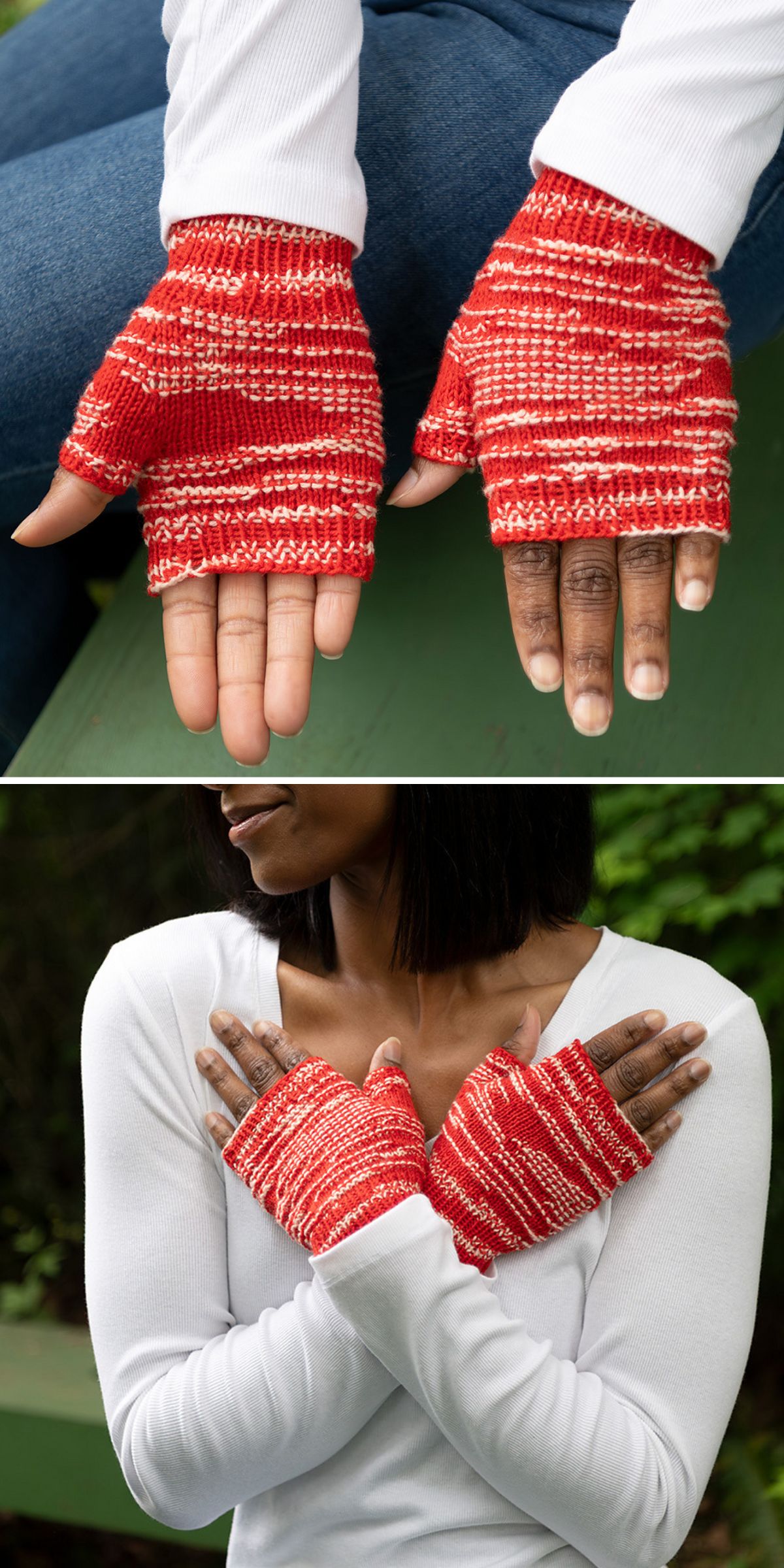 Two images of a person wearing red and white striped knit fingerless mittens, showing the gloves' design with hands open and arms crossed over the chest.