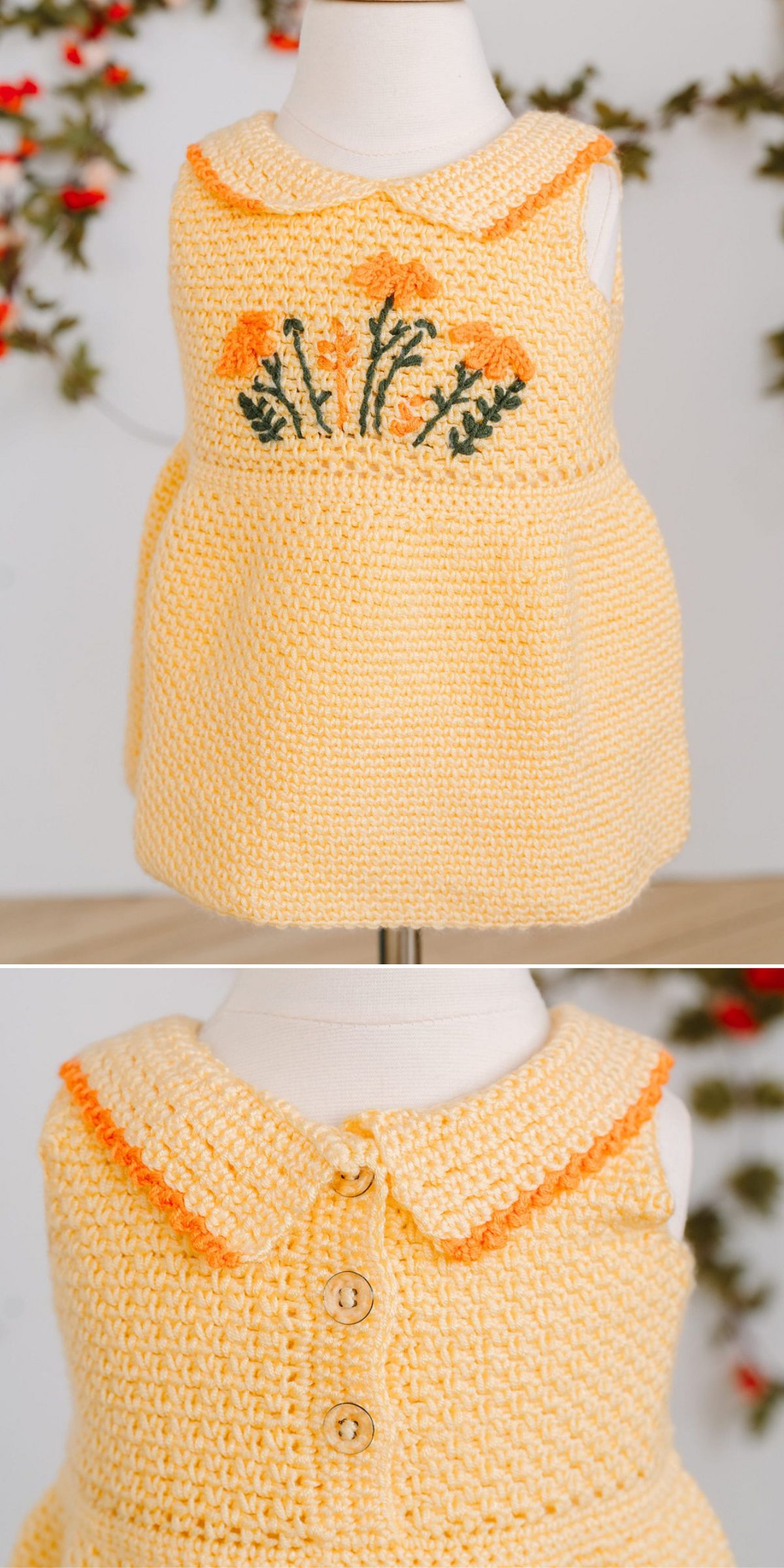 Yellow crochet dress for babies with orange flower embroidery on the front and two buttons on the back, displayed on a mannequin.