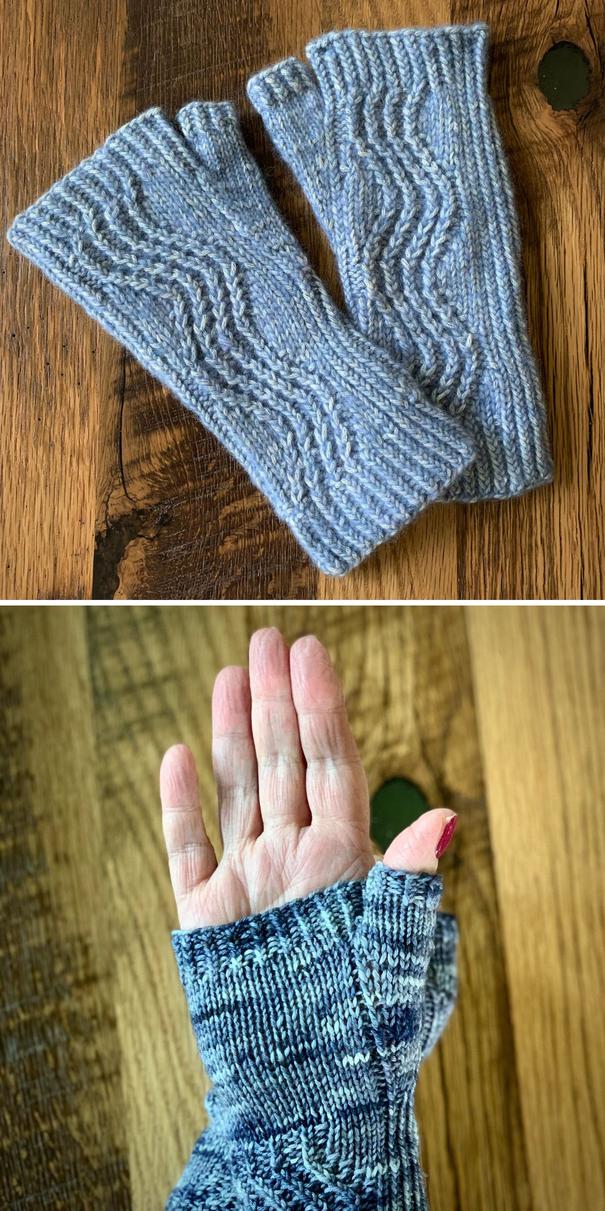 Two grayish-blue knit fingerless gloves are shown; one image displays the gloves flat, while the other shows a hand wearing one glove.