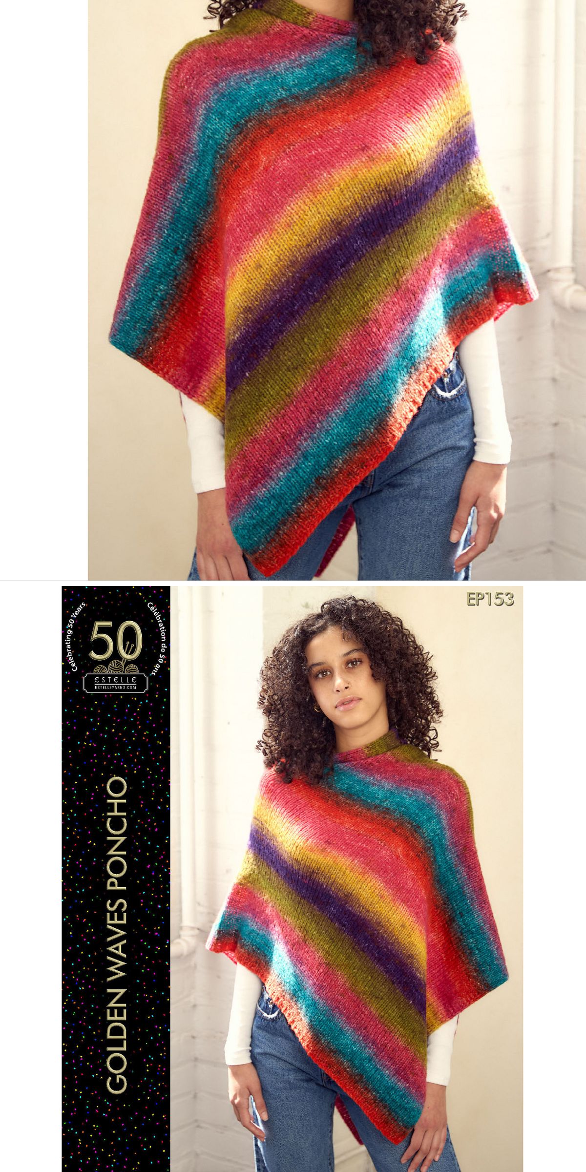 A woman wears a colorful, striped knit poncho in red, green, yellow, blue, and purple—perfect for fans of knitted ponchos. Text reads “50 Years” and “Golden Waves Poncho.” Paired stylishly with jeans.