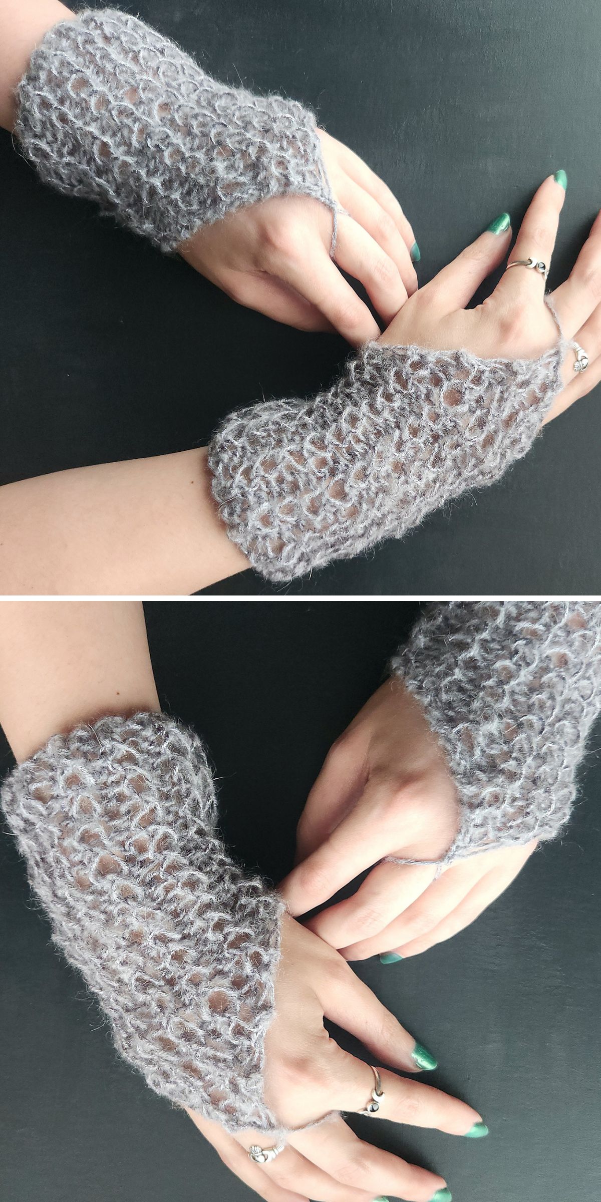 Hands wearing gray crocheted fingerless gloves, shown from different angles against a dark background. The person has green painted nails and wears rings.