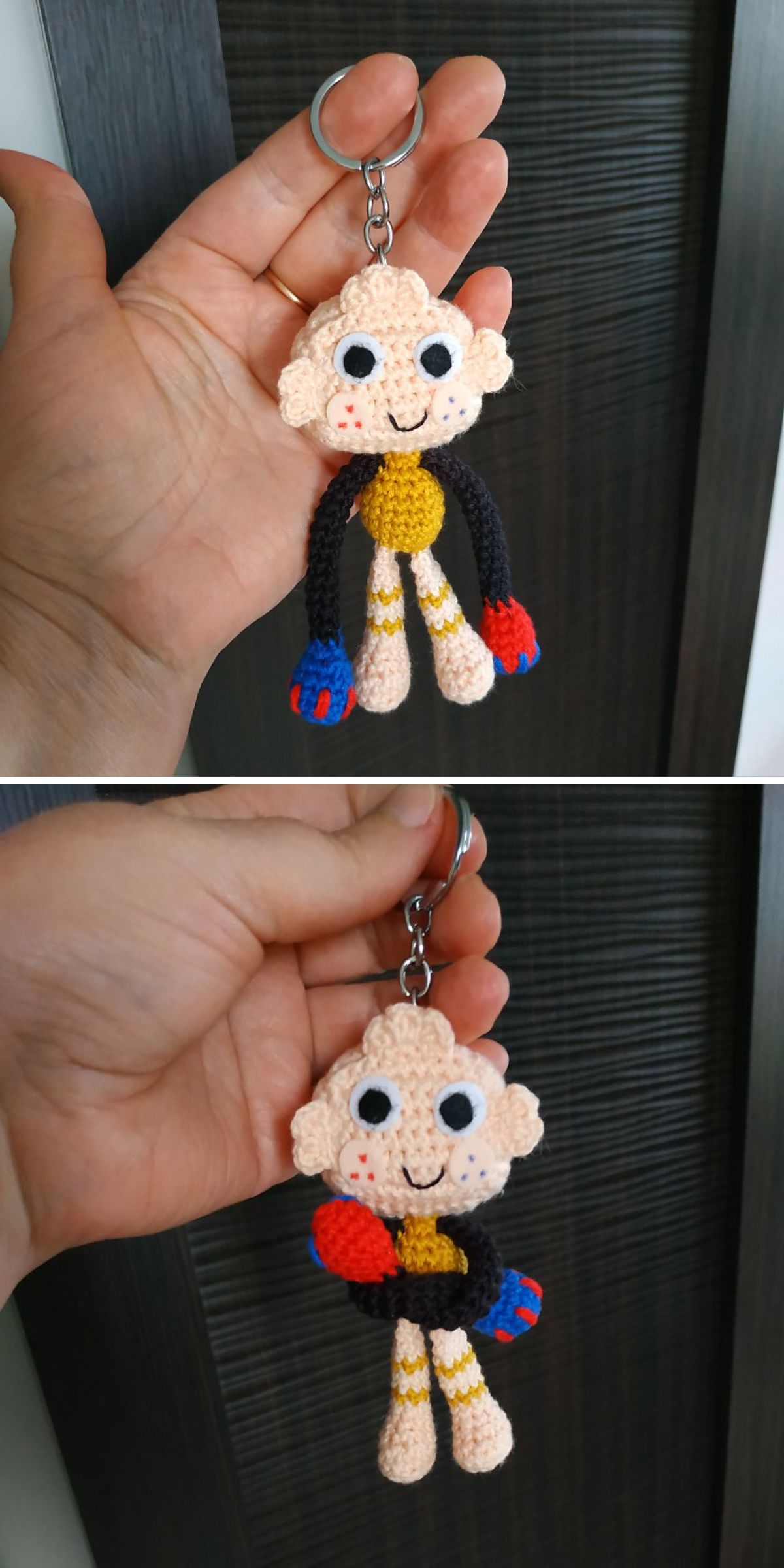 A hand holds a crochet keychain doll with a large head, black and yellow outfit, and red, blue, and white details on its arms and legs, shown from two angles.
