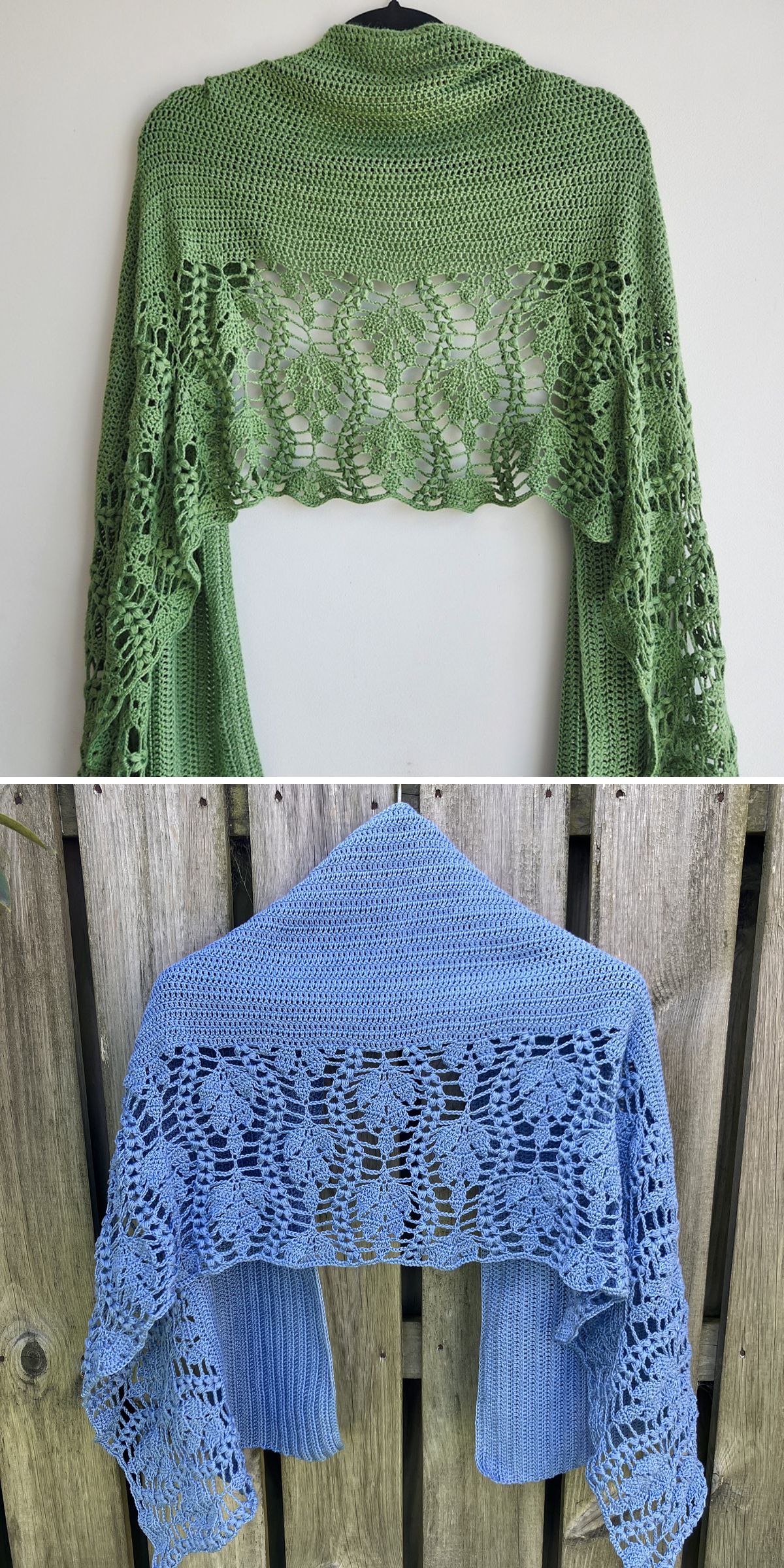 Two crochet shawls, one green and one blue, each featuring intricate lace patterns in the center and plain crochet sections on the edges, displayed on hangers against different backgrounds — perfect inspiration for your next crochet wrap project.