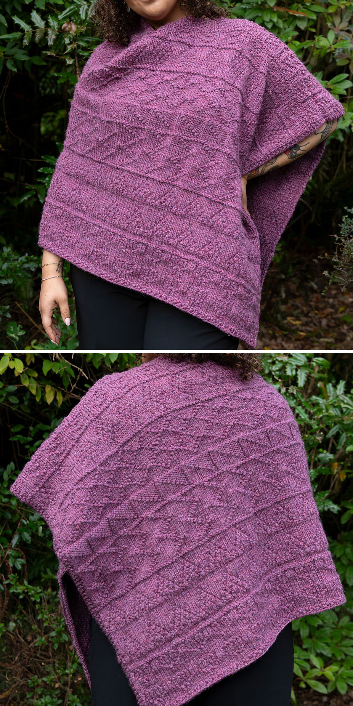 Person wearing a textured, hand-knit purple poncho with side openings—one of our eye-catching knitted ponchos—shown from the front and back against an outdoor leafy background.