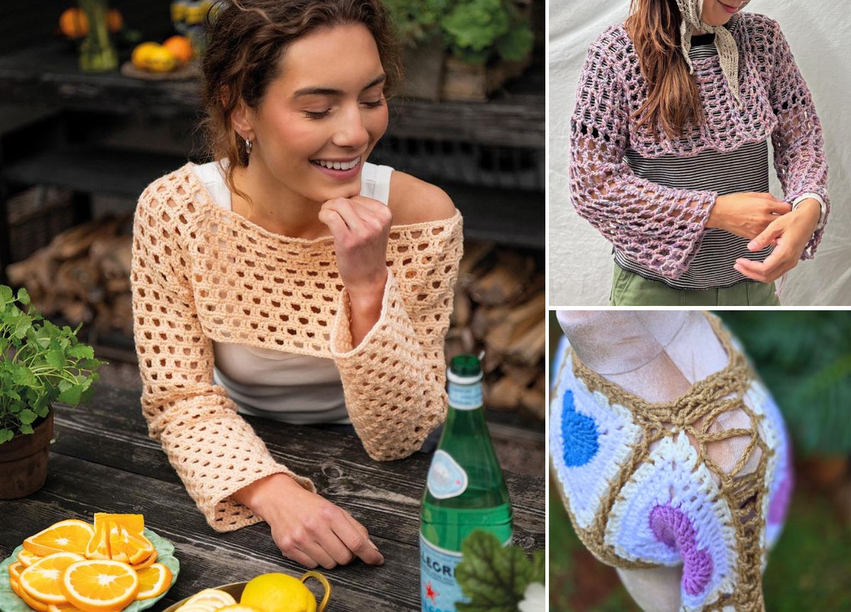 A woman wears a light crochet shrug sweater at a table with citrus fruits; two inset images show a crochet shrug and other crochet bolero in different styles and colors on models and a mannequin.