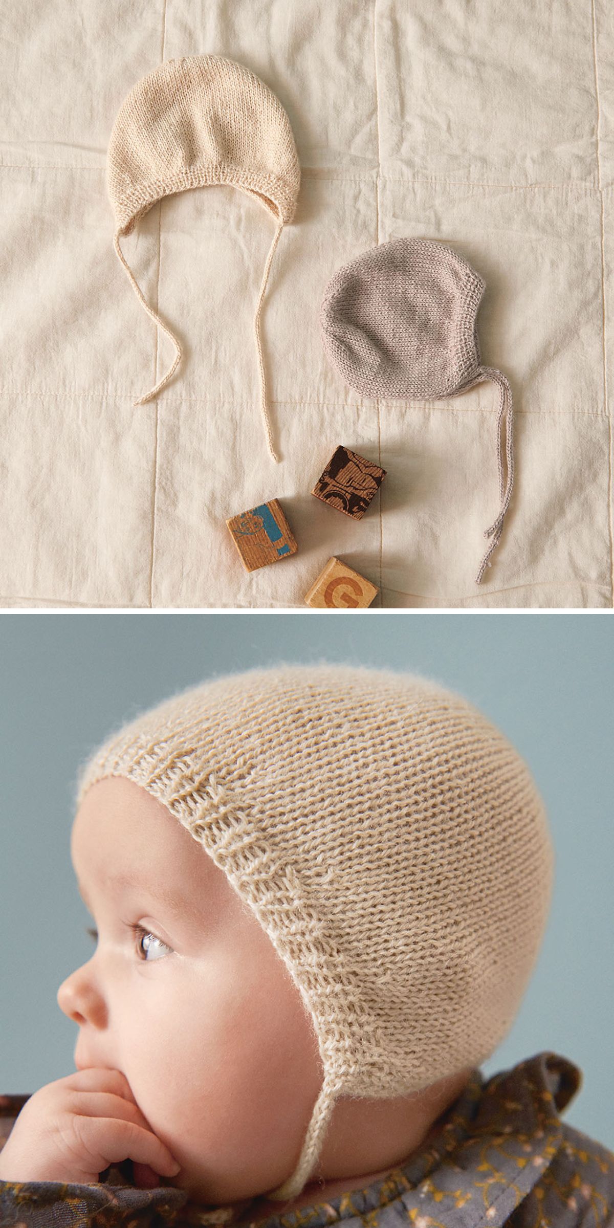 Two knitted baby bonnets and wooden blocks rest on a soft cloth; below, a baby wearing one of the knitted baby bonnets in cream gazes off to the side against a serene blue background.