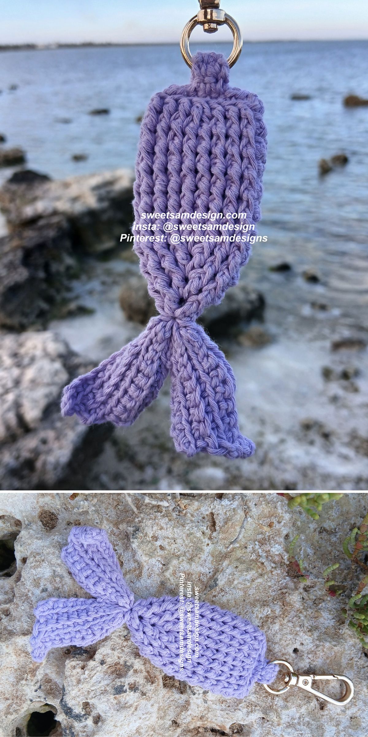 Purple crochet keychain shaped like a mermaid's tail, featuring a sturdy metal clasp, photographed on rocks near the shoreline and displayed flat on a stone surface.
