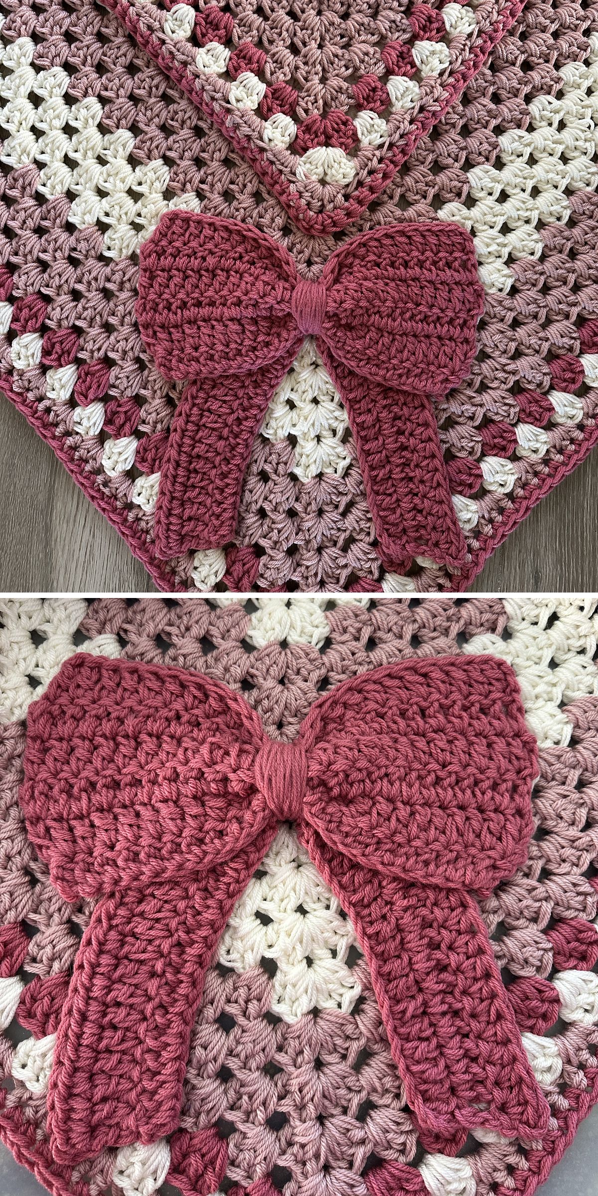 Close-up of a crochet bow in pink, attached to the corner of a pink, cream, and mauve granny square blanket.