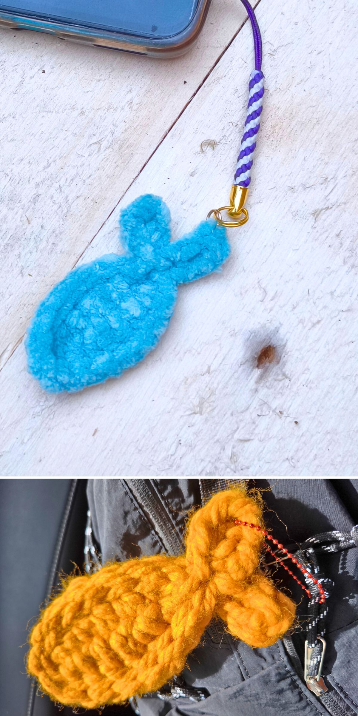 Two crochet keychain fish, one blue with a purple strap and one orange, are attached to a phone and a bag respectively.