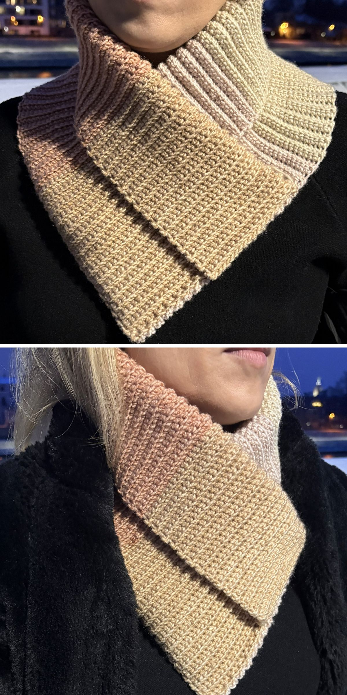 Two views of a person wearing a thick, textured, light beige crochet wrap with overlapping ends, styled over a dark coat.