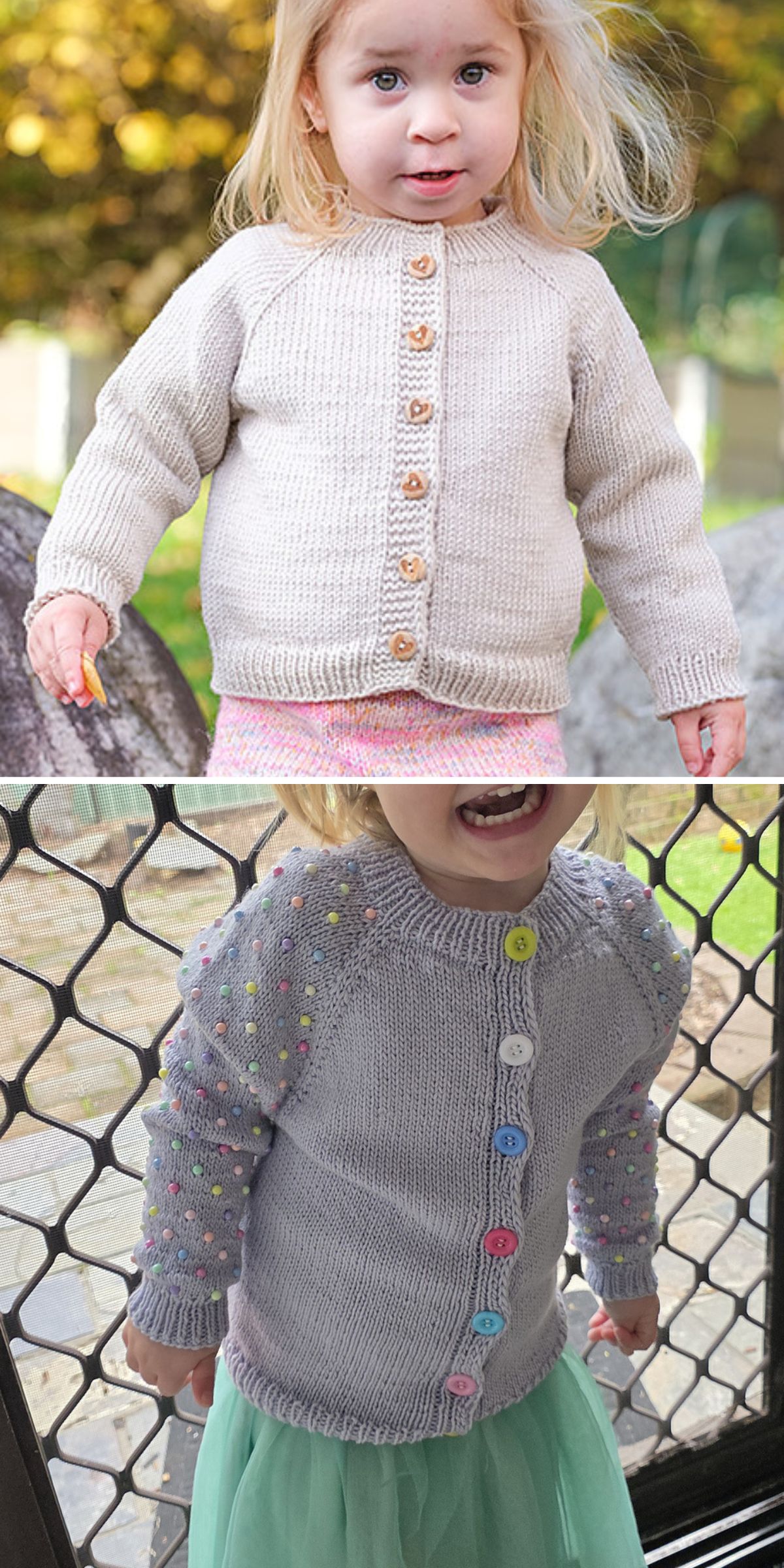 Top: A young child wearing a beige knitted sweater with wooden buttons outdoors. Bottom: A child indoors in a cozy knit baby cardigan—a grey style with colorful buttons and small dots—standing by a mesh door.