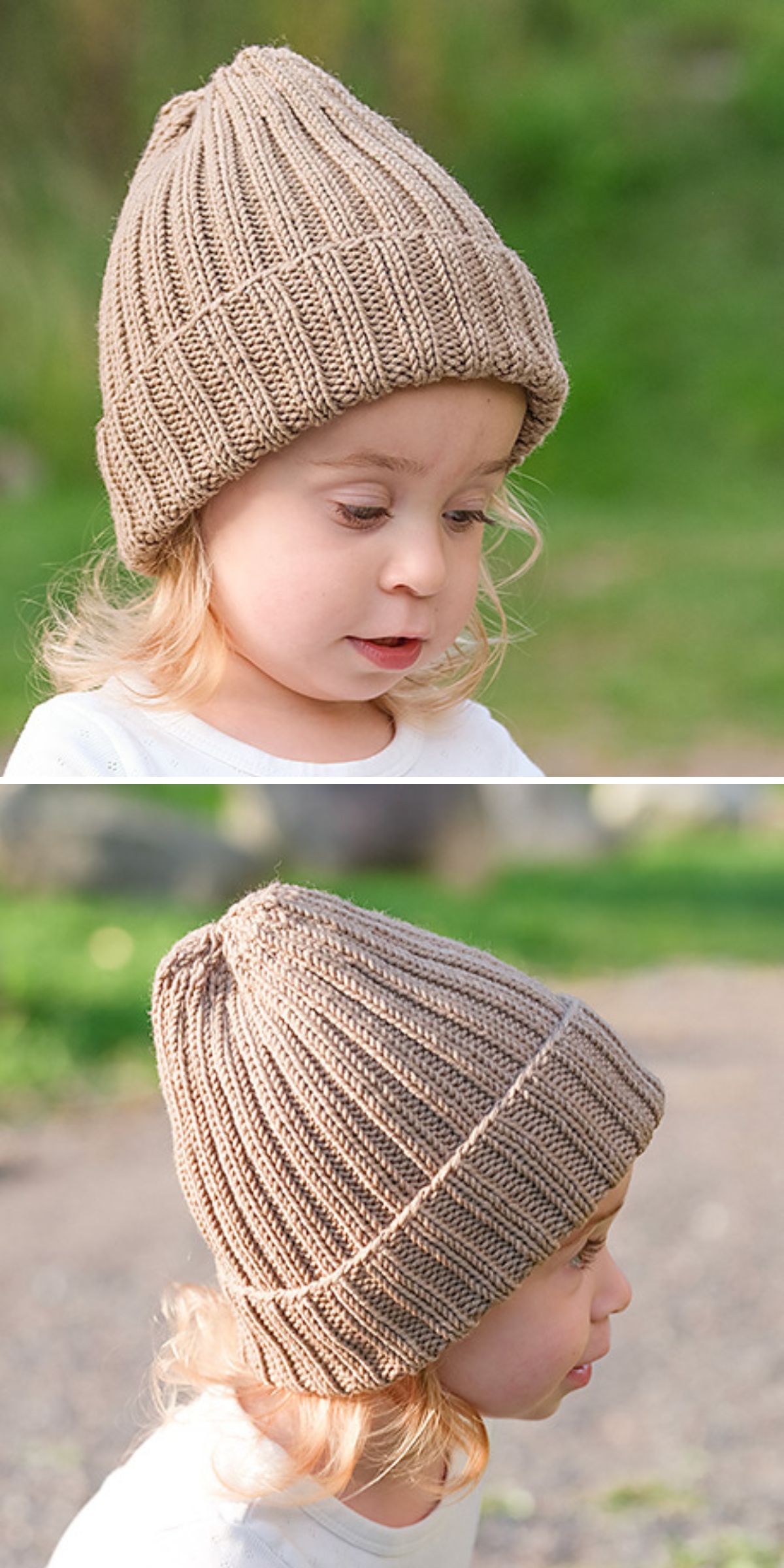A young child with blonde hair wears a beige knit baby hat outdoors in two different side views.