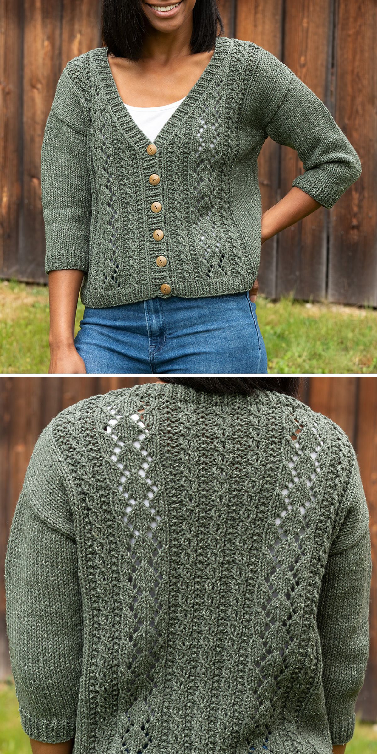 A person wears a green knit cardigan with a lace pattern, wooden buttons, and three-quarter sleeves, shown from the front and back.