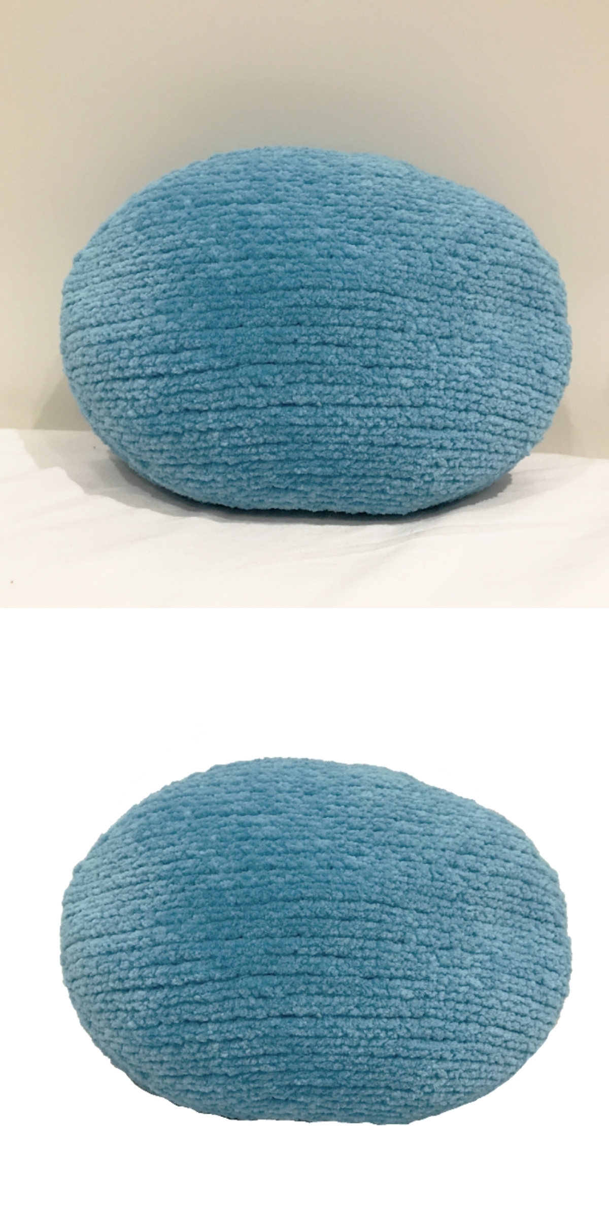 A round, blue knit pillow with a textured finish is shown against a plain background and a white surface in two nearly identical images.