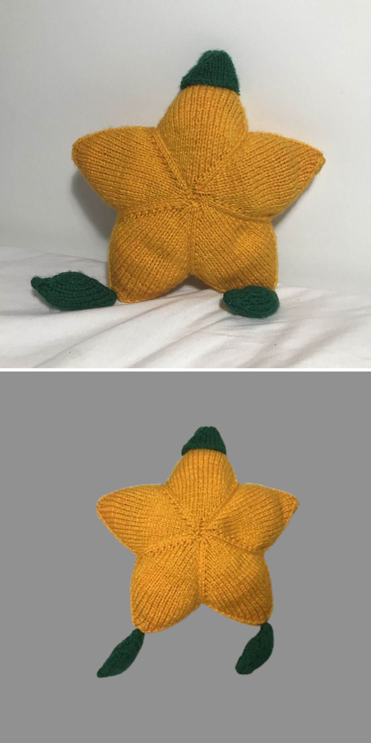 A knitted yellow star-shaped plush toy with green leaf-like accents is shown; resembling a whimsical knit pillow, the top image has a white background, while the bottom image has a gray background.