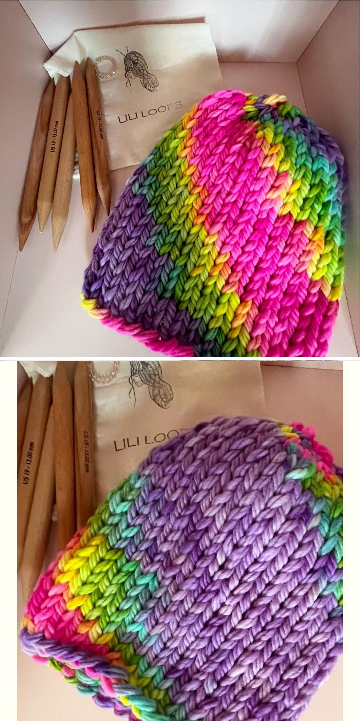 Two knitted hats, including a charming knit baby hat in bright rainbow colors and another in purple with rainbow accents, are displayed next to large wooden knitting needles and a cloth bag labeled “Lili Looms.”.