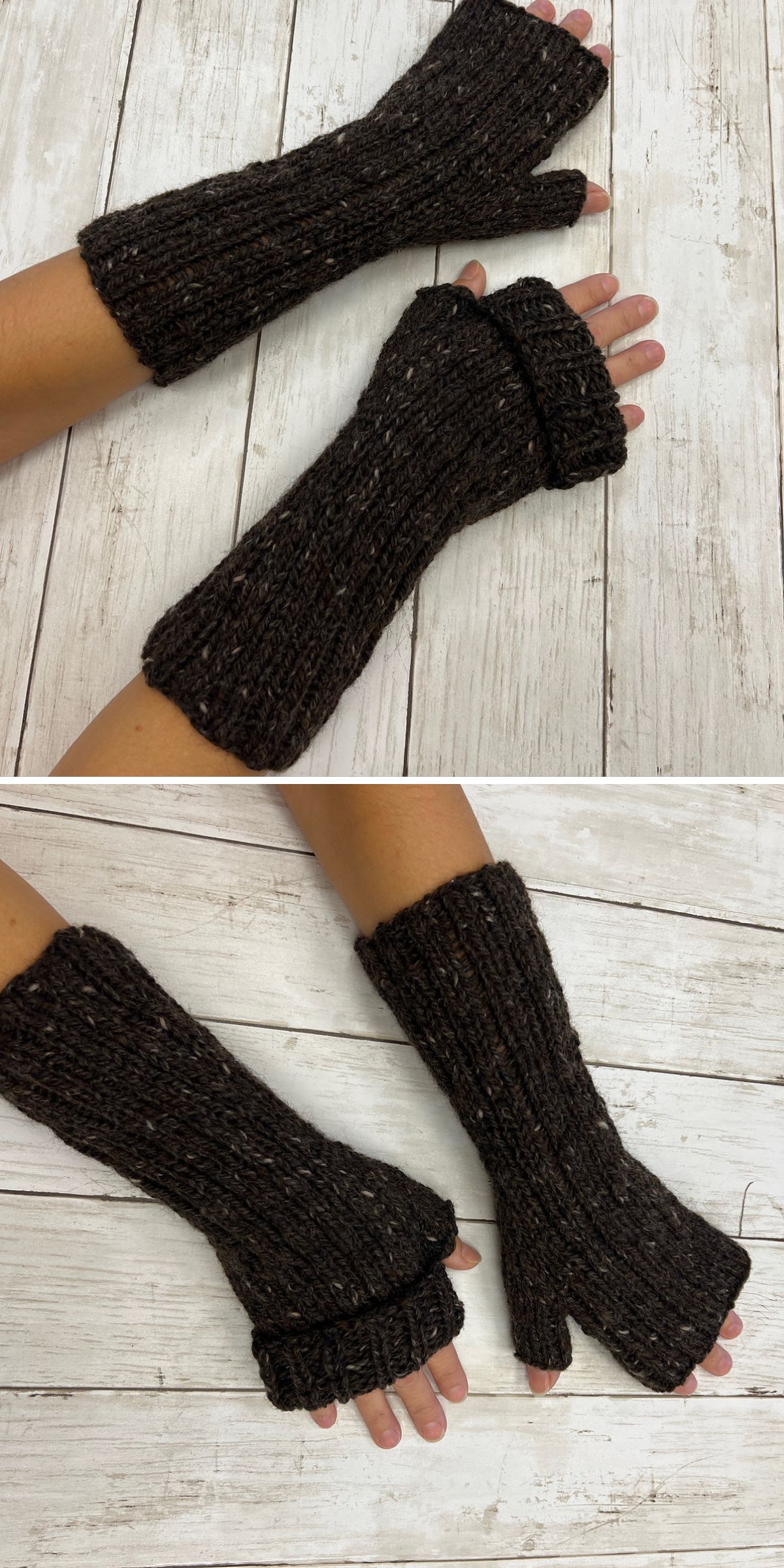 Two photos show hands wearing dark brown, knit fingerless gloves displayed against a white wooden surface.