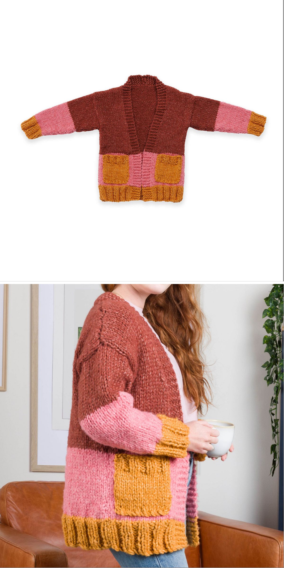 A color-blocked knit cardigan with rust, pink, and mustard panels, shown flat and worn by a person holding a mug.