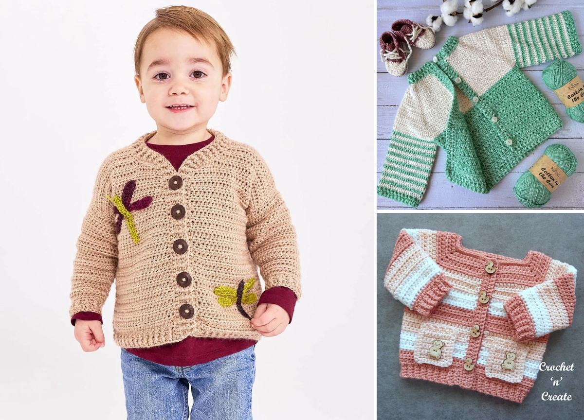A toddler wears a beige crocheted cardigan with dragonfly appliques; nearby are two crocheted cardigans for kids in green and pink tones, displayed flat with matching yarn and accessories.