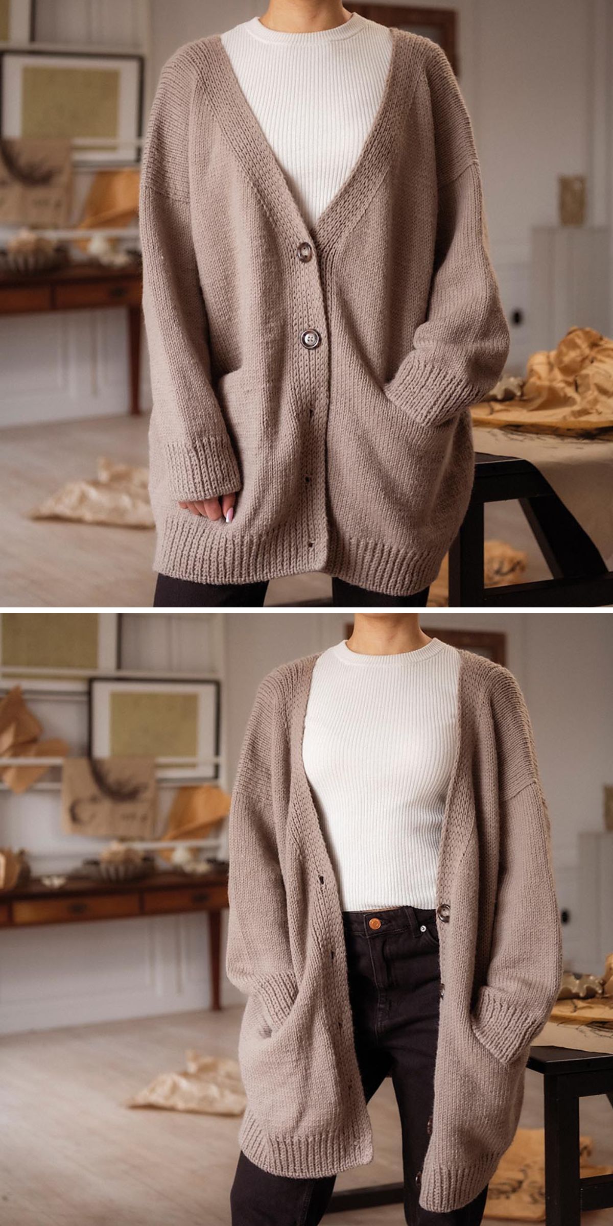 A person wearing a loose, beige knit cardigan buttoned over a white ribbed top; the cardigan is shown buttoned in the first image and unbuttoned in the second.