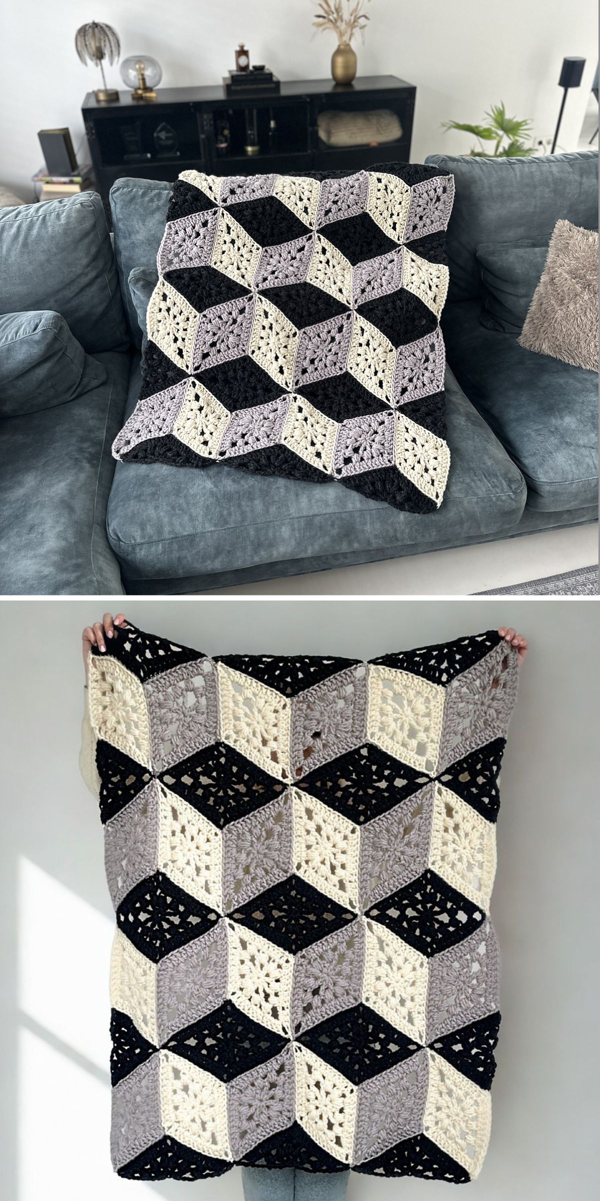 A crocheted blanket with a black, white, and gray geometric cube pattern is displayed on a couch and held up against a wall, showcasing the modern style of artisan crochet throws.