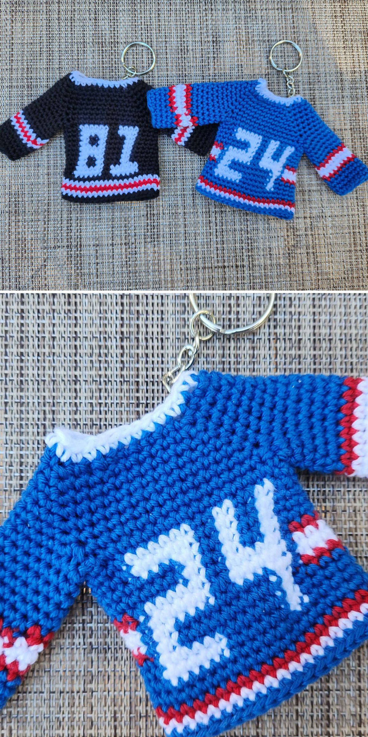 Two crochet keychain jerseys, one black with "81" and one blue with "24," both featuring red, white, and blue stripes, are displayed on a woven surface.