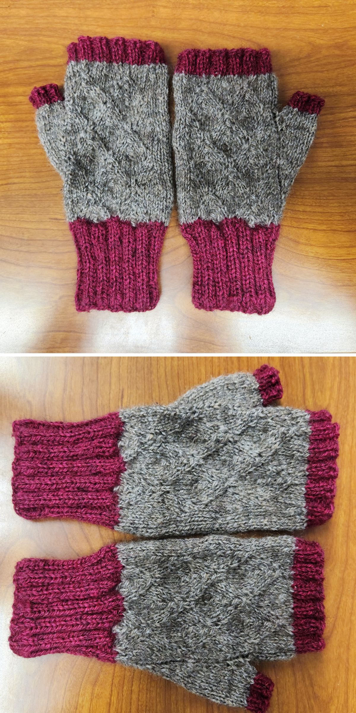 Two pairs of hand-knit fingerless gloves with maroon cuffs and gray bodies, displayed on a wooden surface in two different arrangements, showcase the cozy charm of knit fingerless gloves.