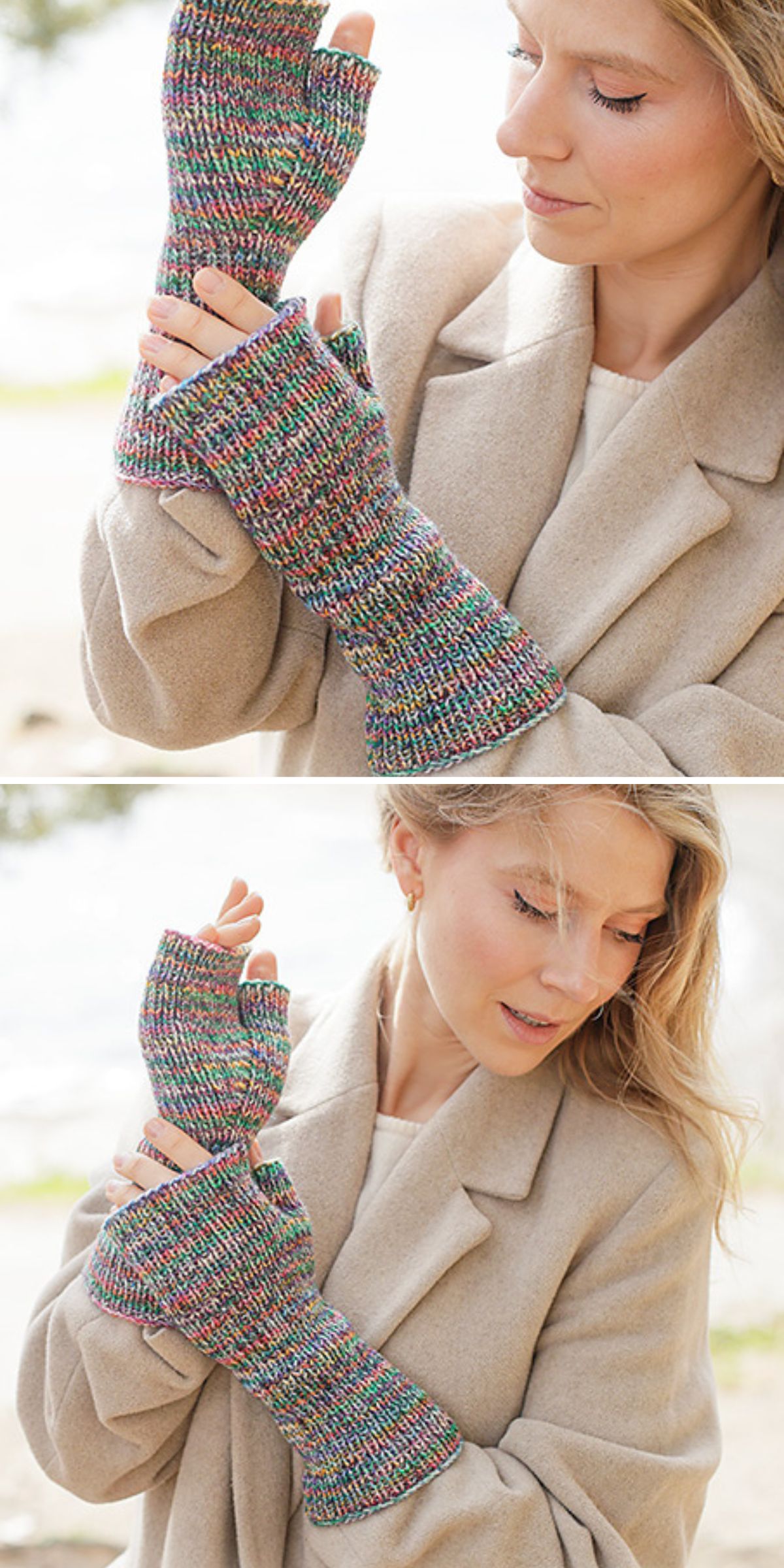A woman in a beige coat wears and examines colorful knit fingerless gloves outdoors.