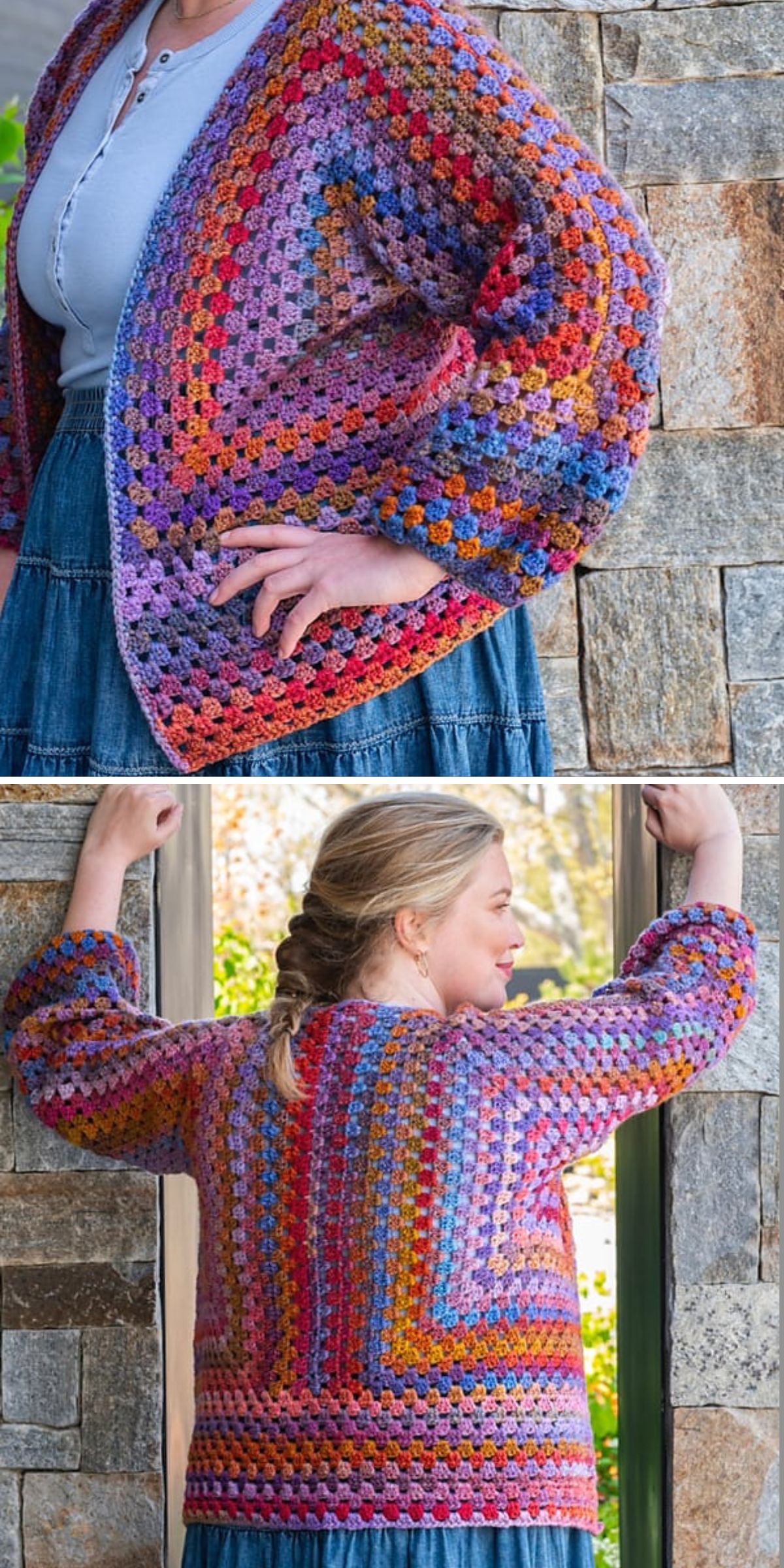 A woman wears a colorful, crocheted granny hexagon cardigan with long sleeves, featuring a mix of red, purple, orange, and yellow hues.