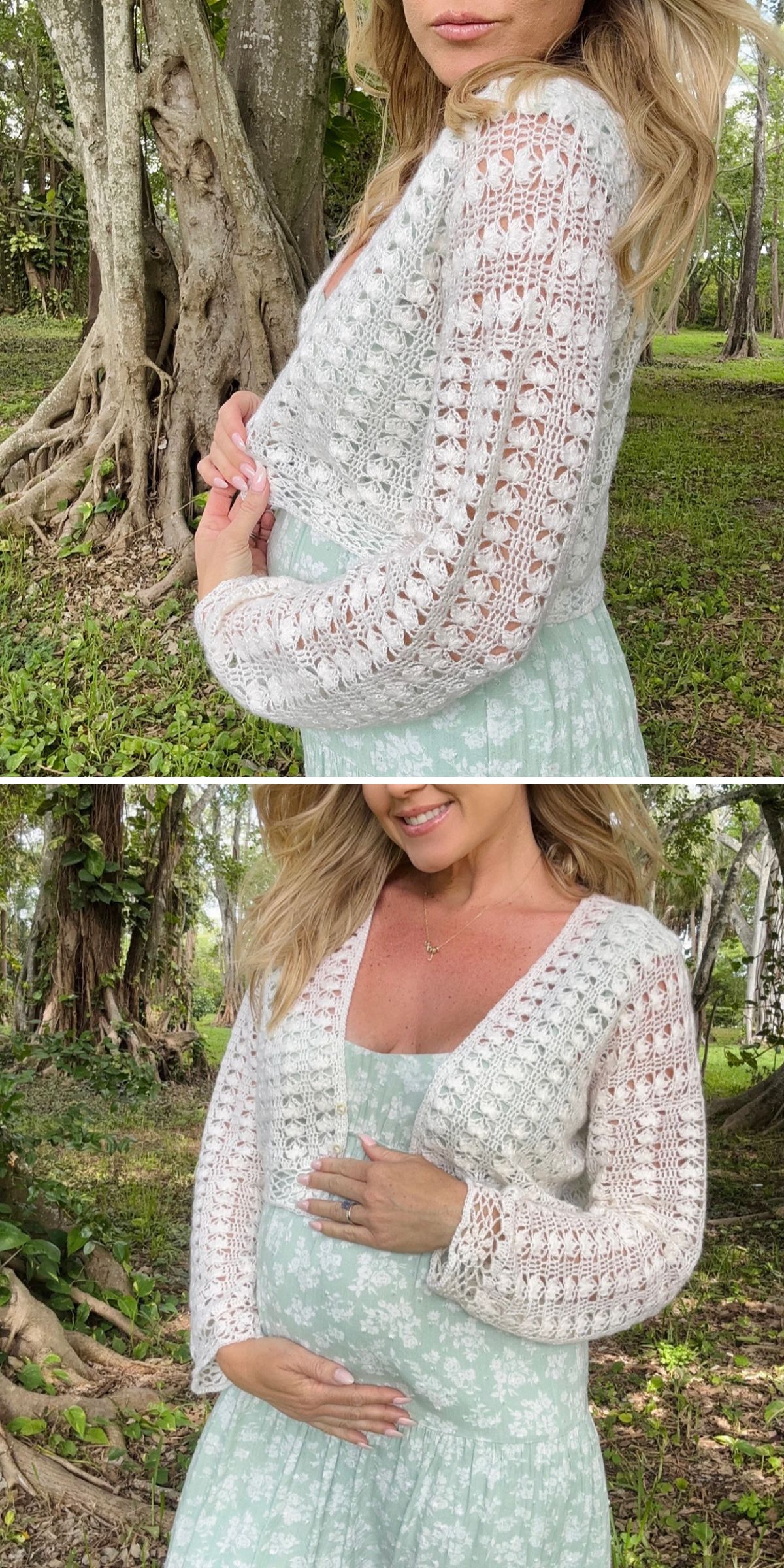 A woman outdoors wearing a light green floral dress and a white crochet cardigan, holding the cardigan closed in the first image and resting her hands on her stomach in the second.