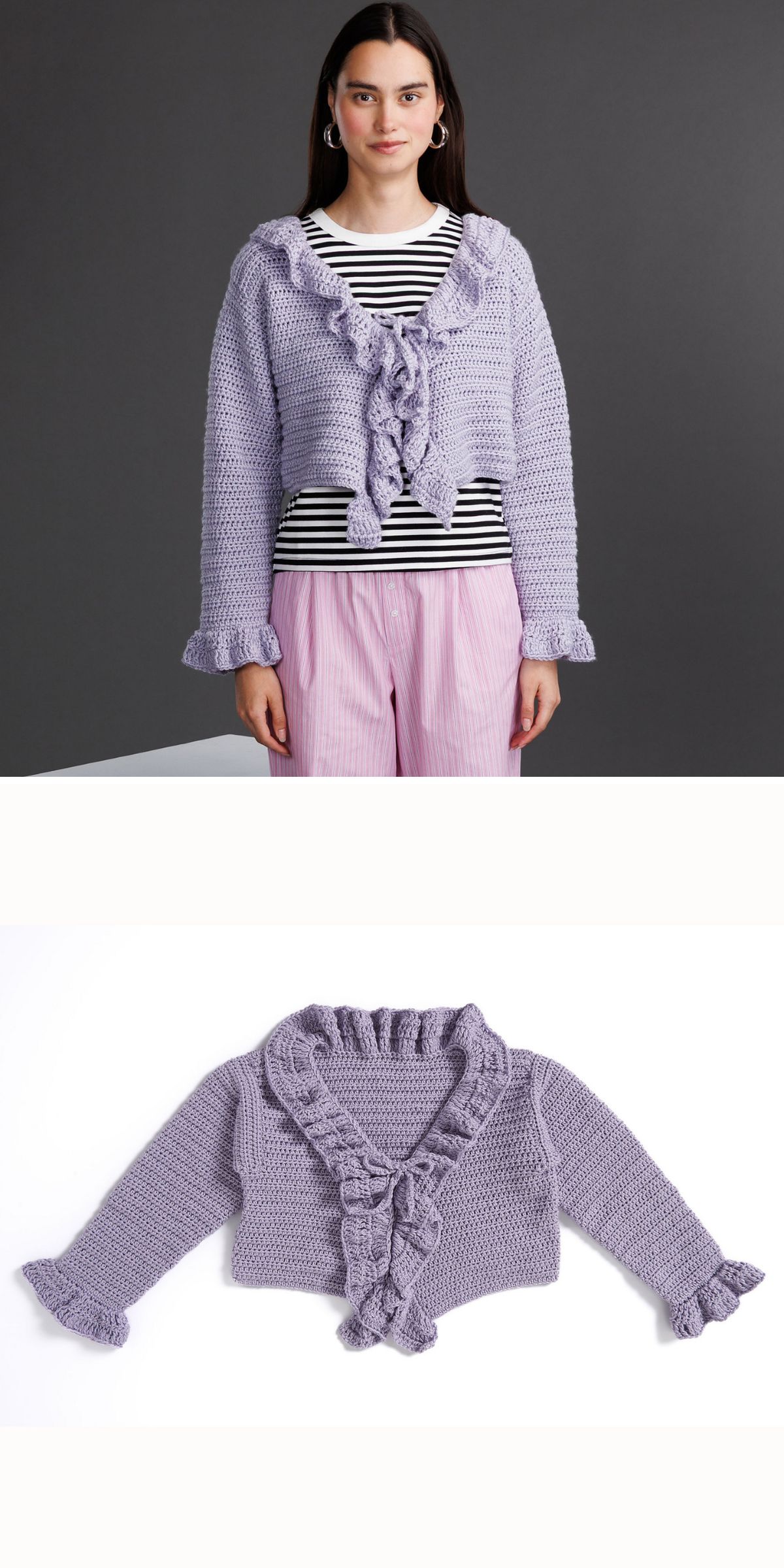 A woman wearing a light purple, ruffled crochet cardigan over a striped shirt; below, the same crochet cardigan is laid flat on a white background.