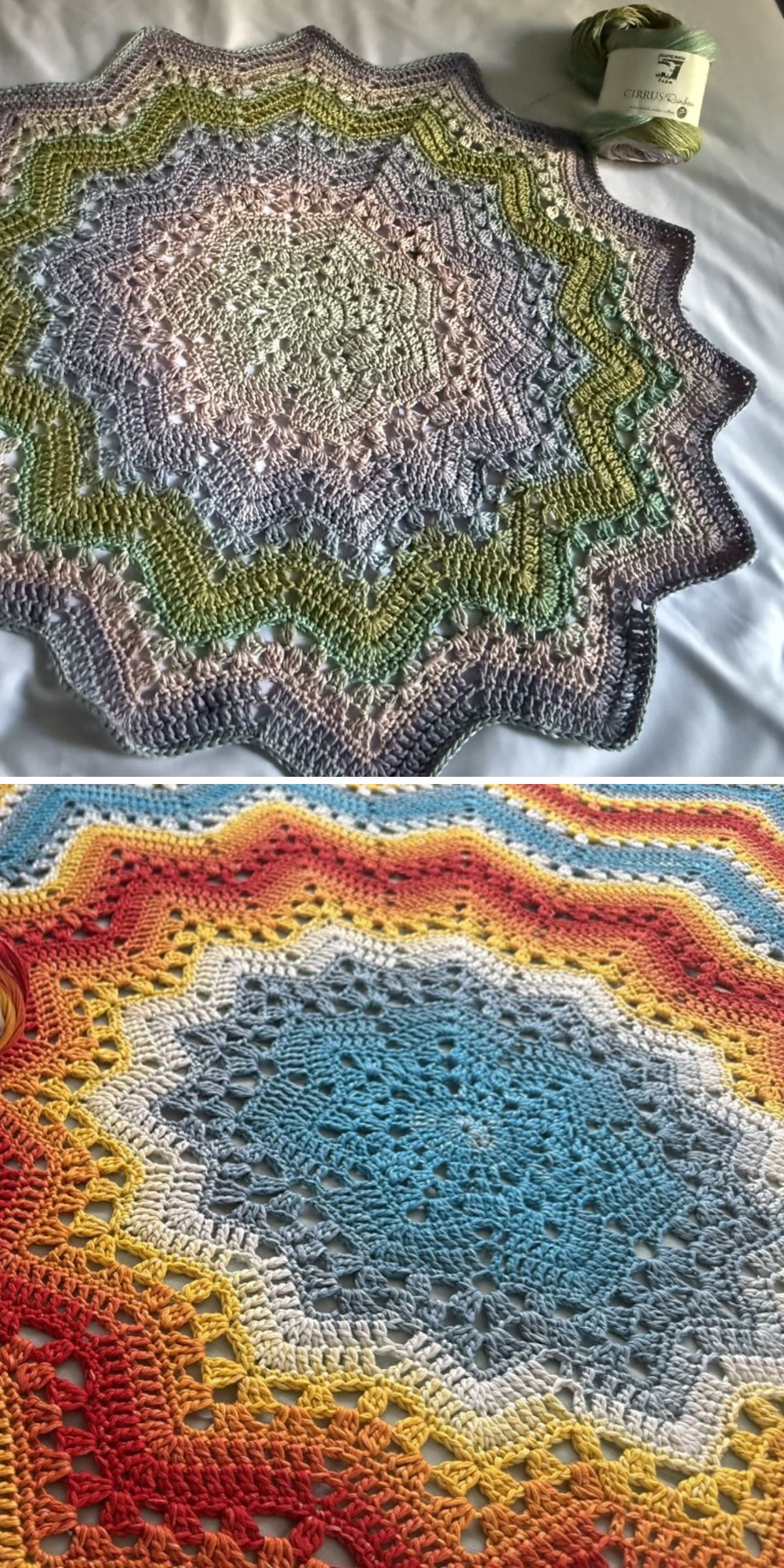 Two round, star-shaped crochet throws with gradient color patterns—one in cool pastels and the other in warm sunset tones—are displayed on a flat surface, with yarn shown beside each.