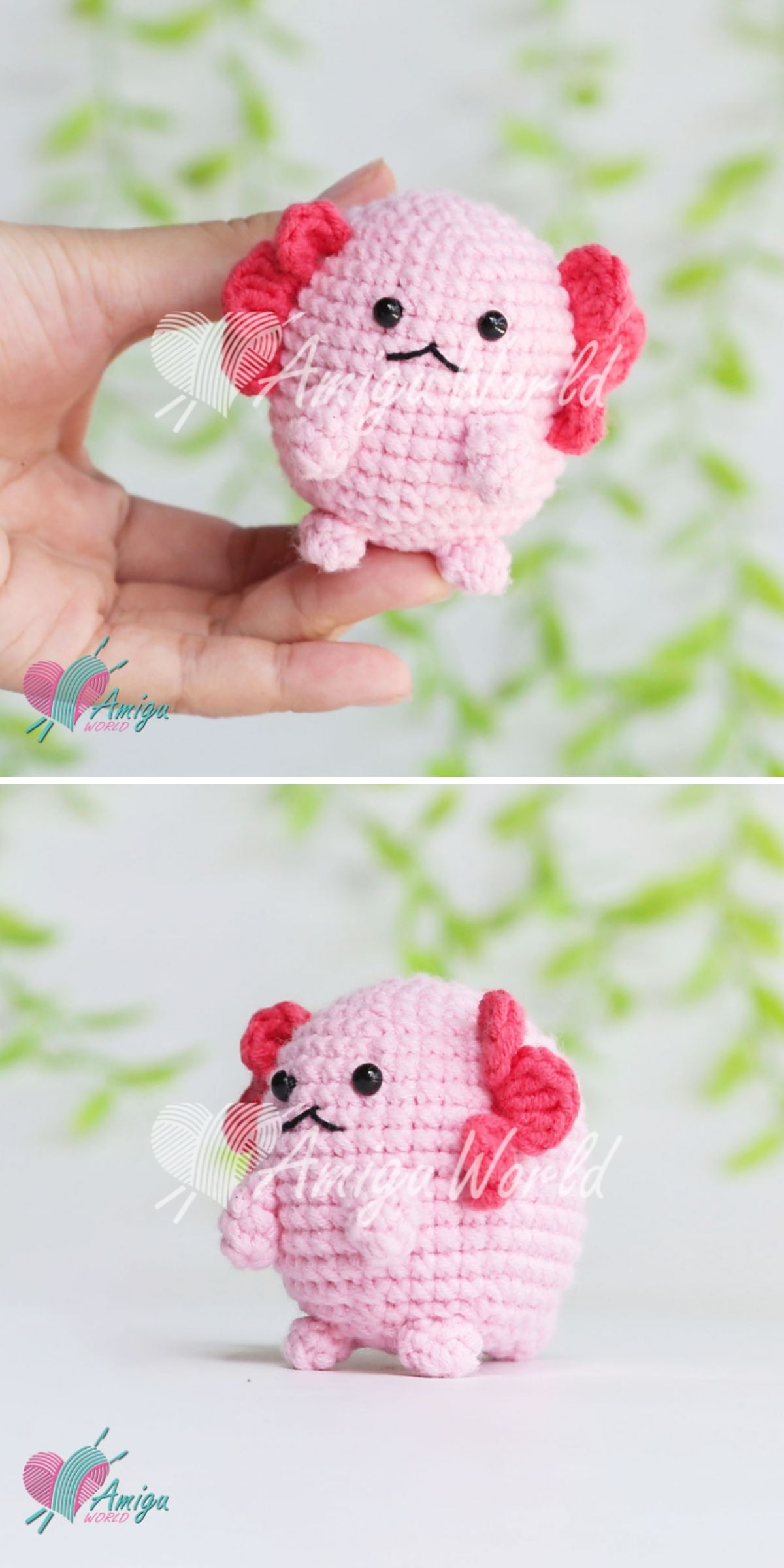 Two photos show a charming crochet axolotl, featuring pink yarn, red gills, and black eyes. In the top image, this handcrafted axolotl is held in a hand, while the bottom image shows it standing on a surface against a blurred leafy background.