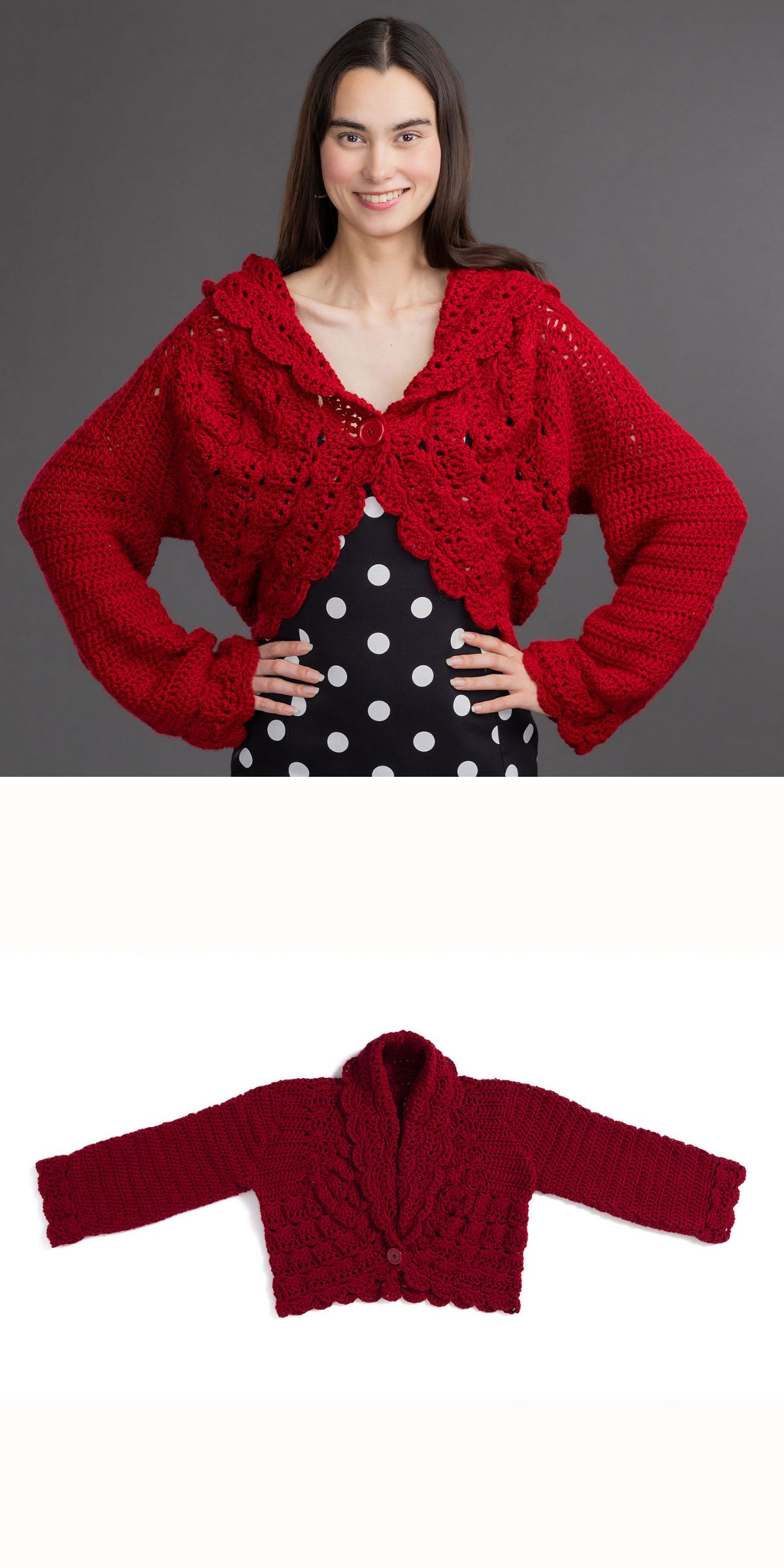 Woman wearing a red crochet cardigan with a scalloped edge; below is a flat lay of the same crochet cardigan against a white background.
