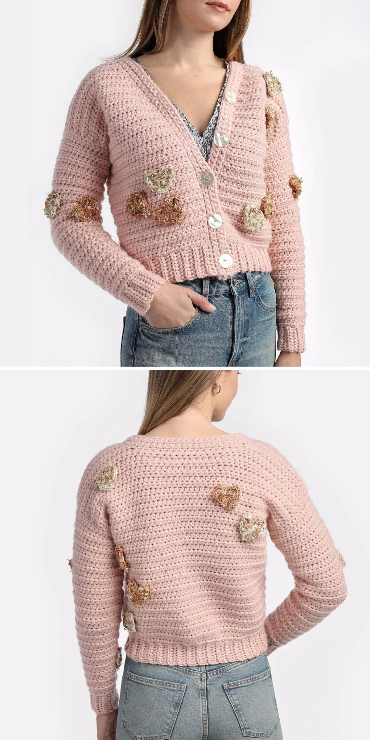 A woman wears a light pink crochet cardigan with white buttons and multicolored floral appliqués, paired with blue jeans.
