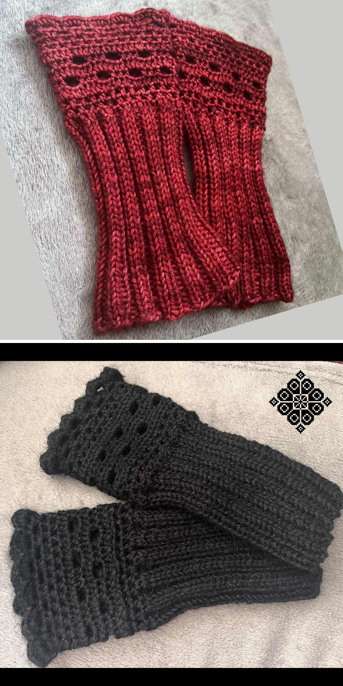 Two pairs of knit fingerless gloves, one red and one black, are displayed flat on a light gray fabric surface.