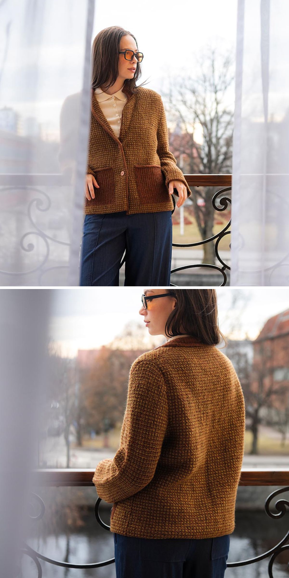 Woman wearing glasses and a cozy knit cardigan stands on a balcony, facing forward in the first image and with her back to the camera in the second, set against an inviting outdoor background.