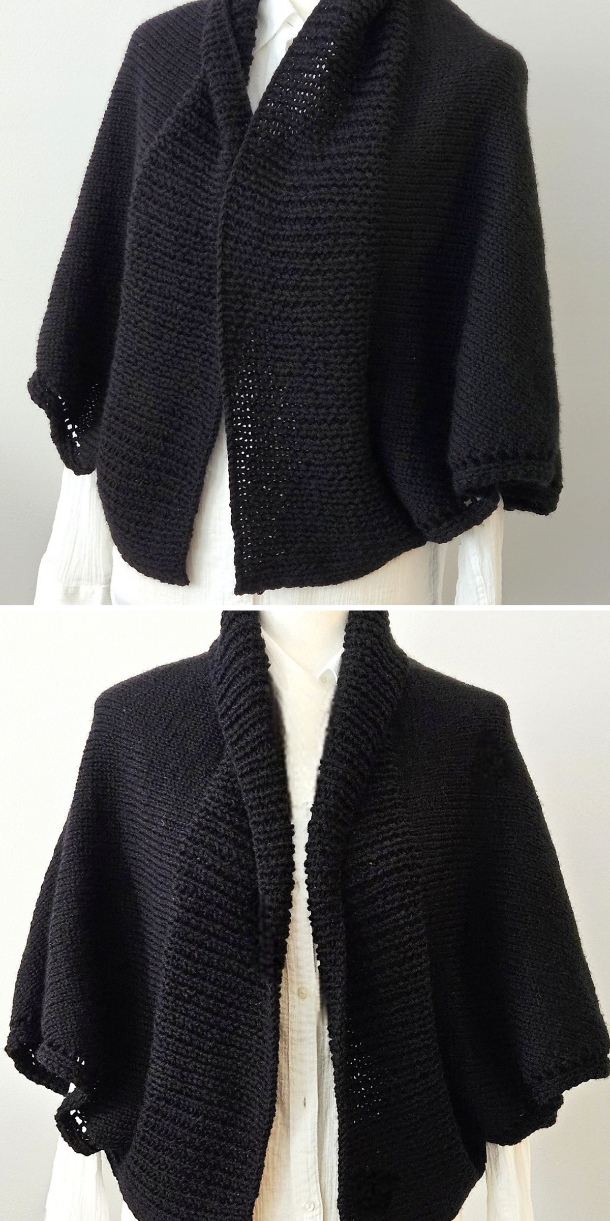 Two views of a mannequin wearing a black, hand-knitted shrug, layered over a white shirt and displayed against a plain background.