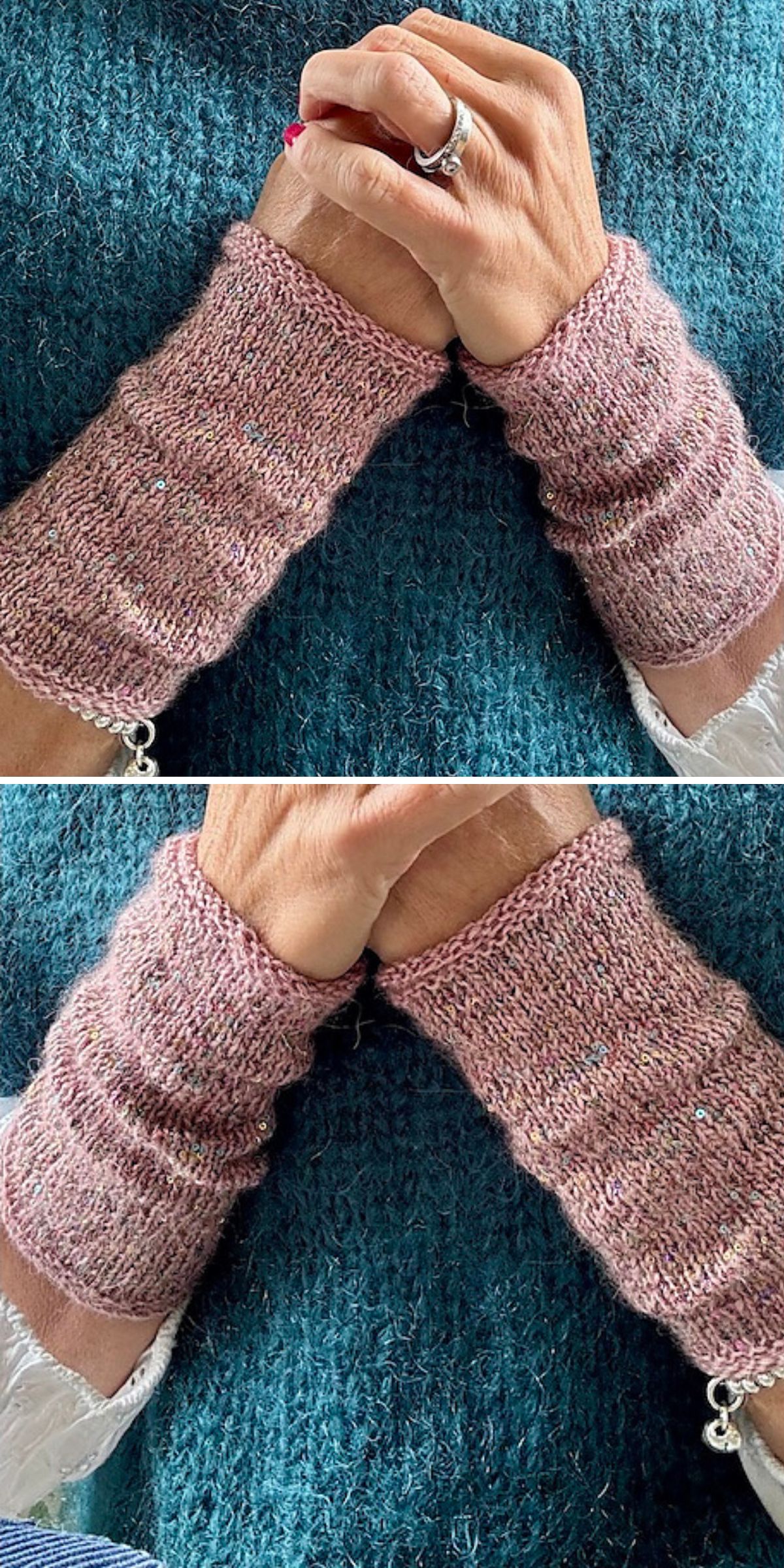 A person wearing pink knit fingerless gloves over a blue-green sweater, hands clasped together.