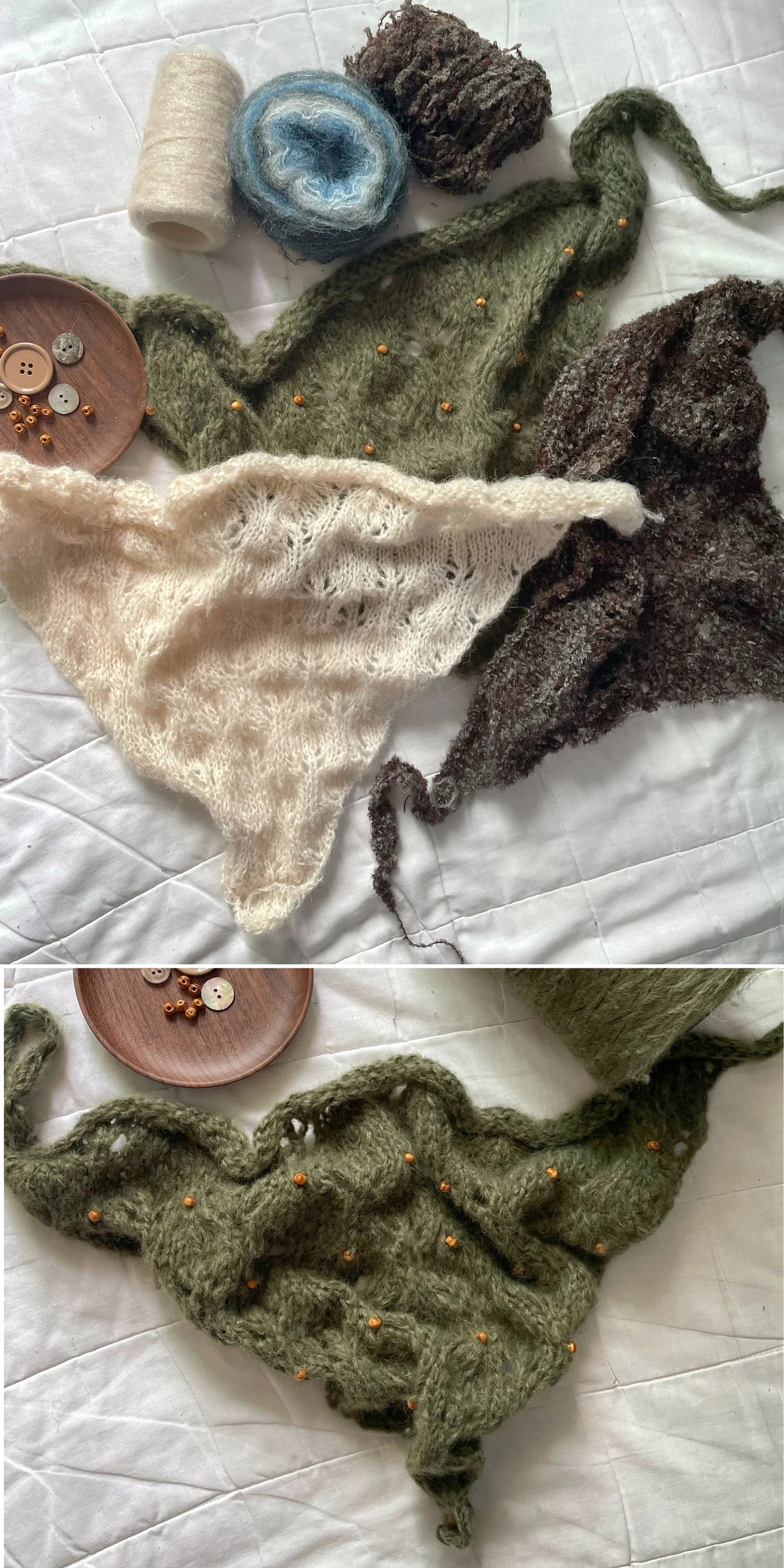 Two photos featuring Knitted Bandanas and Kerchiefs in green, cream, and brown yarn, decorated with yellow pins. Yarn skeins, buttons, and thread are also visible on a white quilted surface.