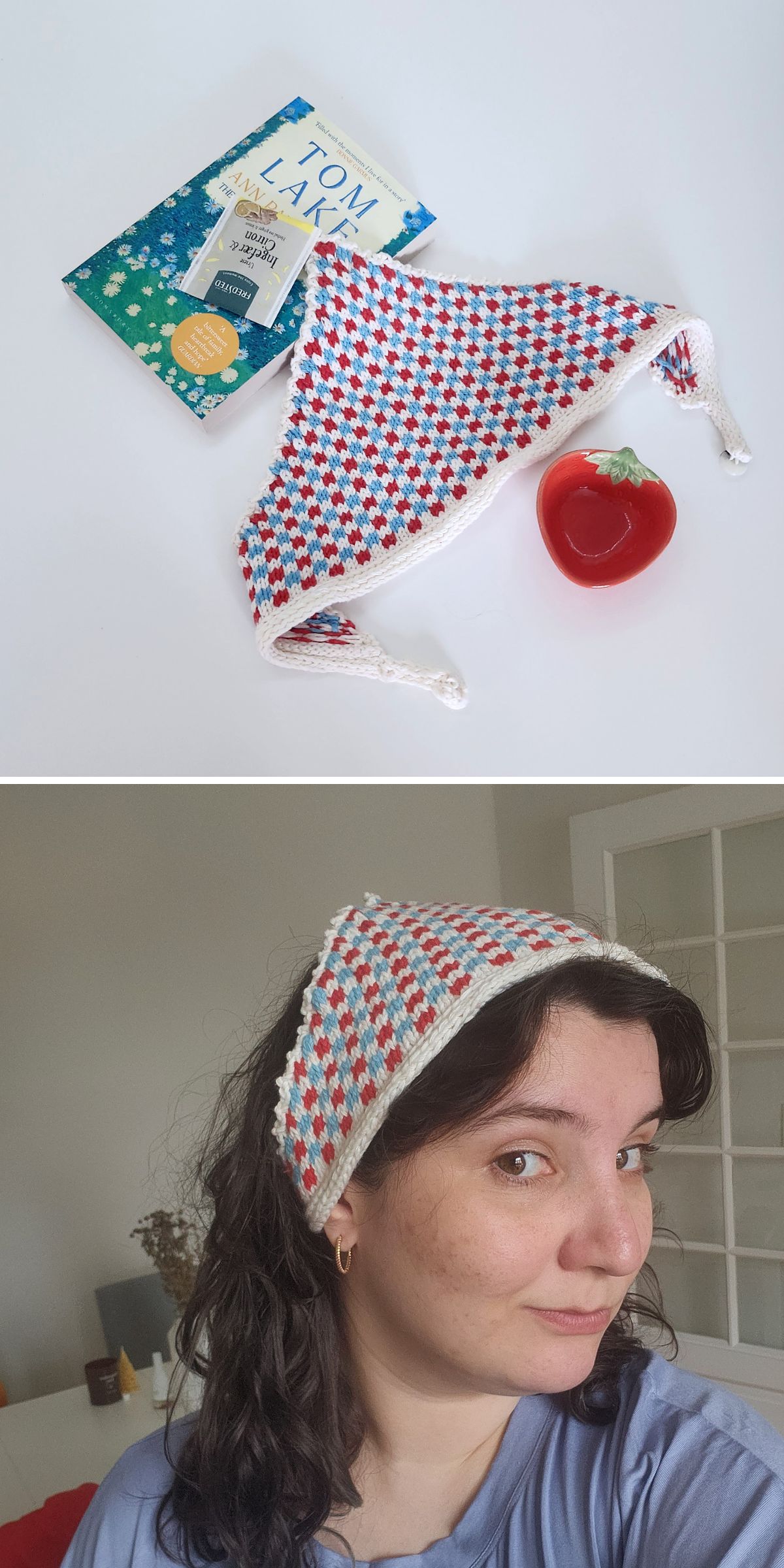 A red and blue knitted kerchief, part of our Knitted Bandanas and Kerchiefs collection, sits beside a book and a tomato. In the second image, a person wears the kerchief on their head indoors.