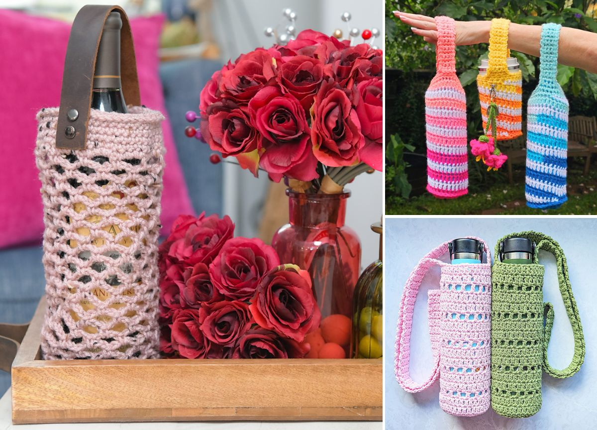 Collage showing crocheted bottle holders in various colors and styles, with wine bottles and water bottles displayed inside the holders.